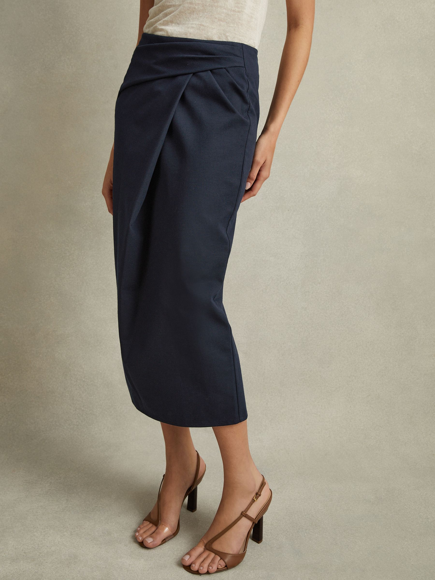Cotton Blend Wrap Front Midi Skirt in Navy