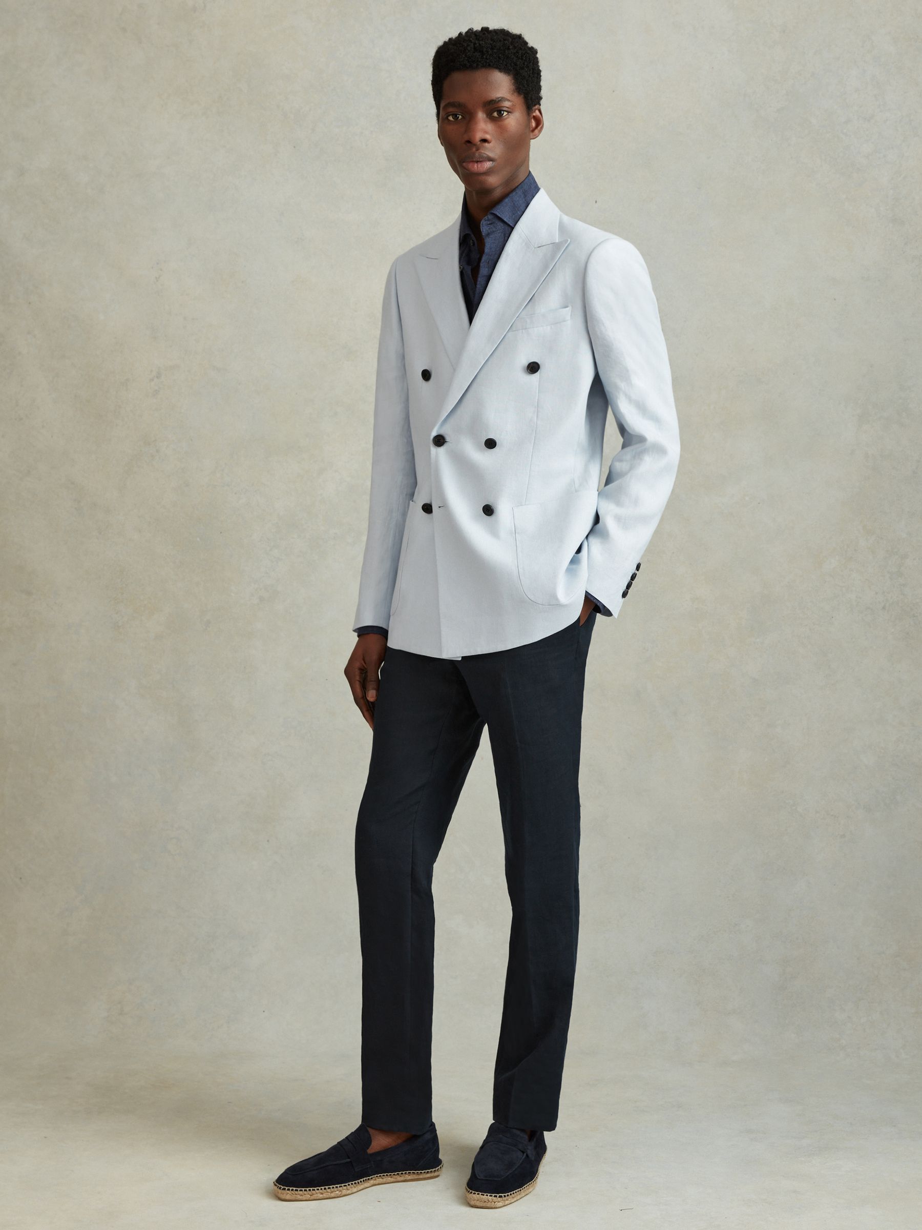 Double Breasted 100% Linen Slim Fit Blazer in Soft Blue