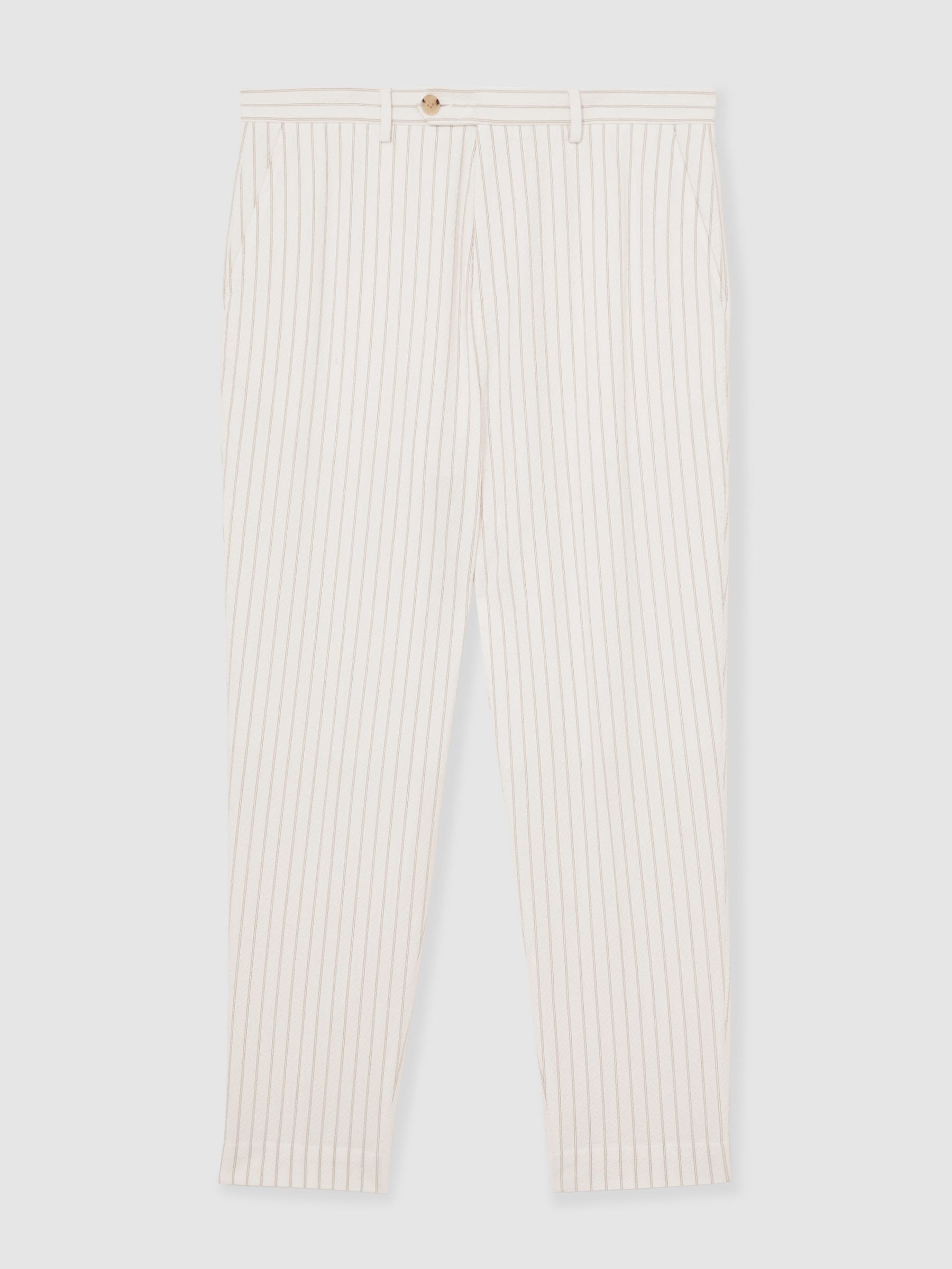Regular-Fit Cotton-Blend Pinstripe Trousers in Off White/Taupe Brown