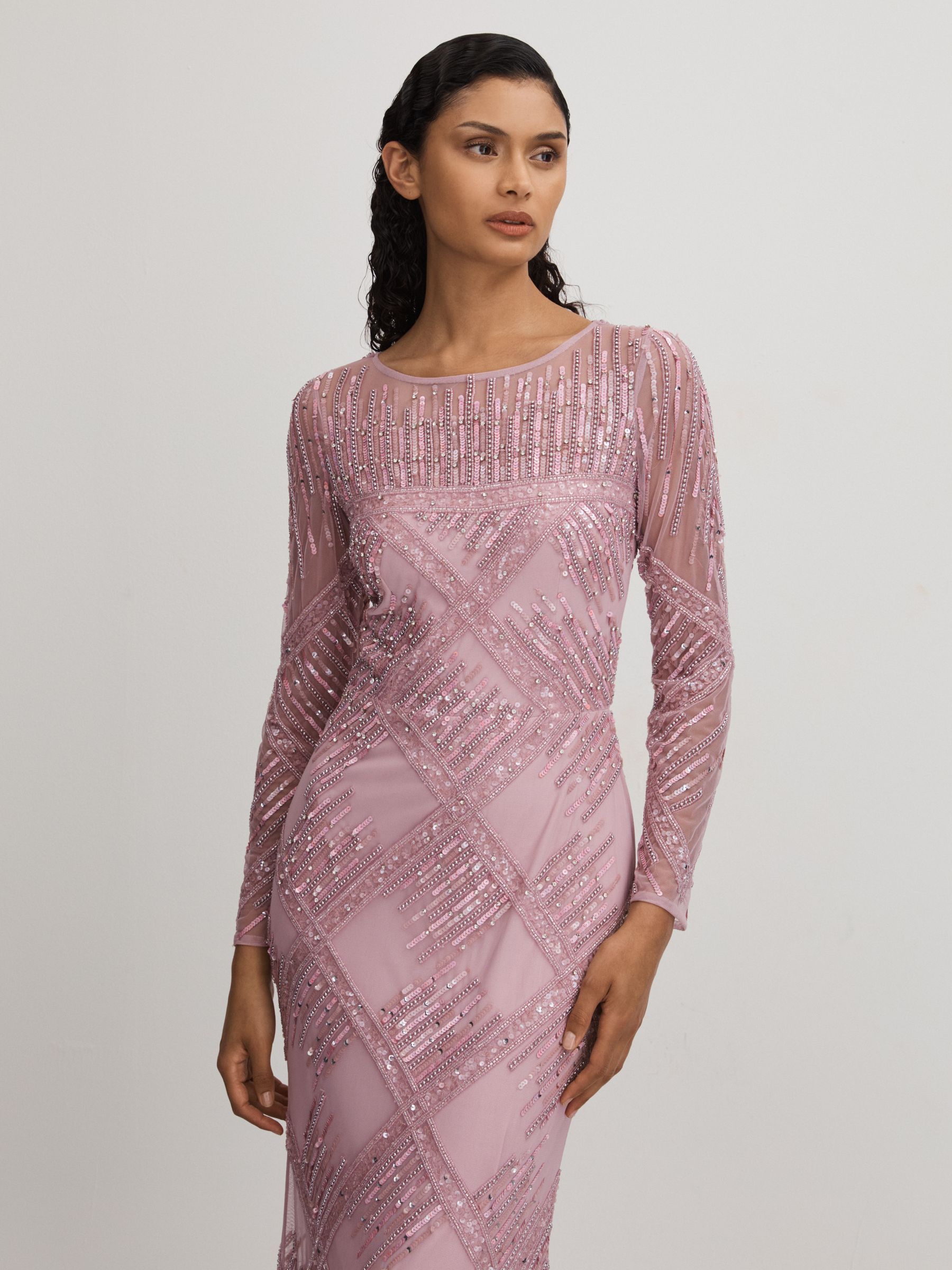 Felicity Pink Raishma Pink Embellished Mesh Sheer Sleeve Maxi Dress
