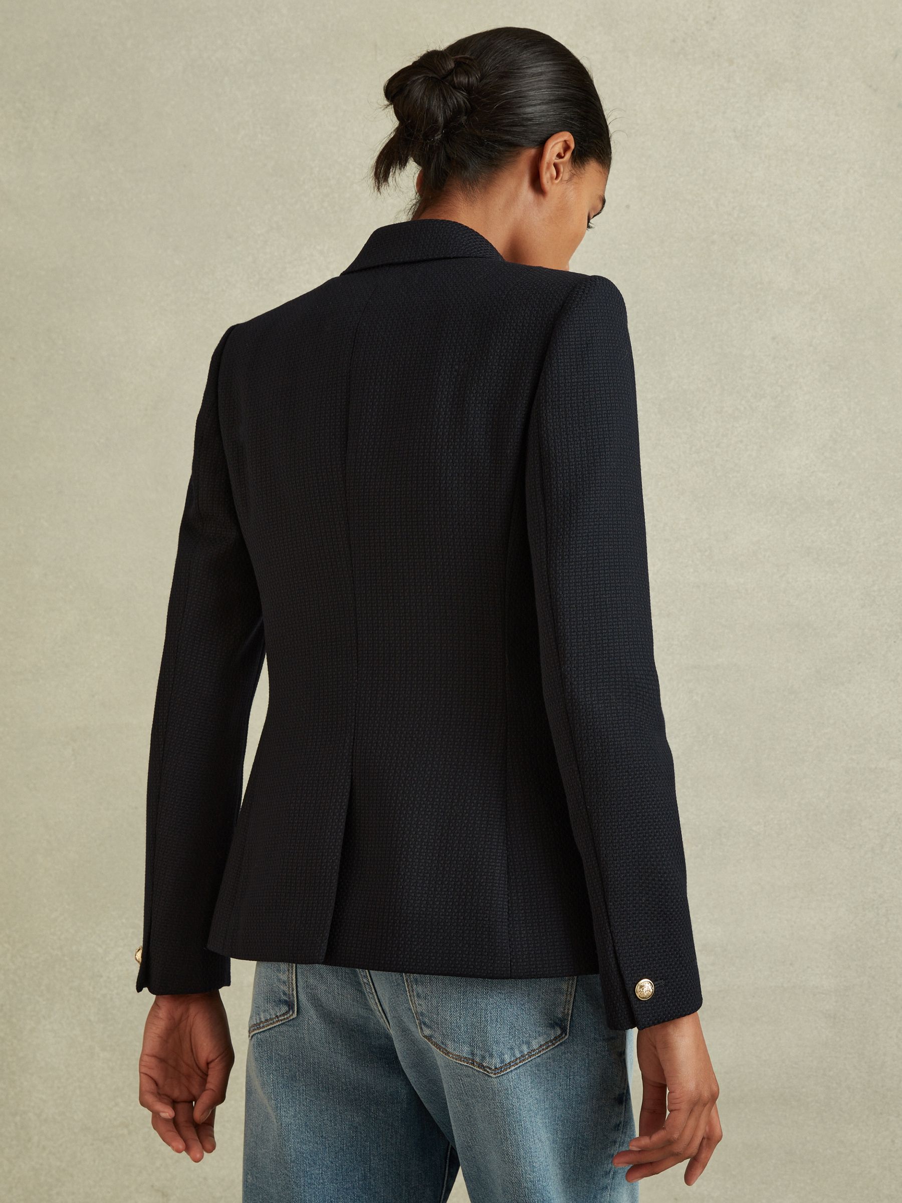 Petite Tailored Fit Textured Double Breasted Blazer in Navy