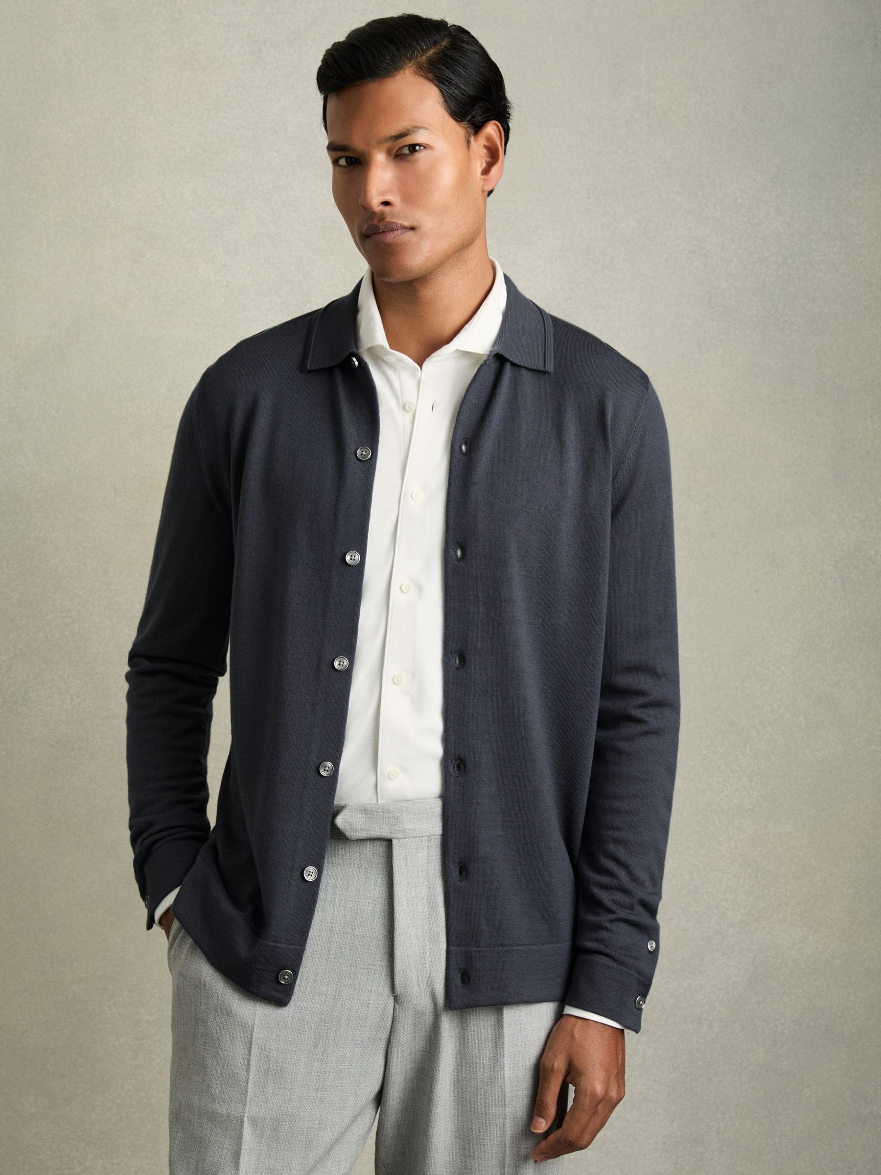 Merino Wool Button-Through Cardigan in Blackened Blue