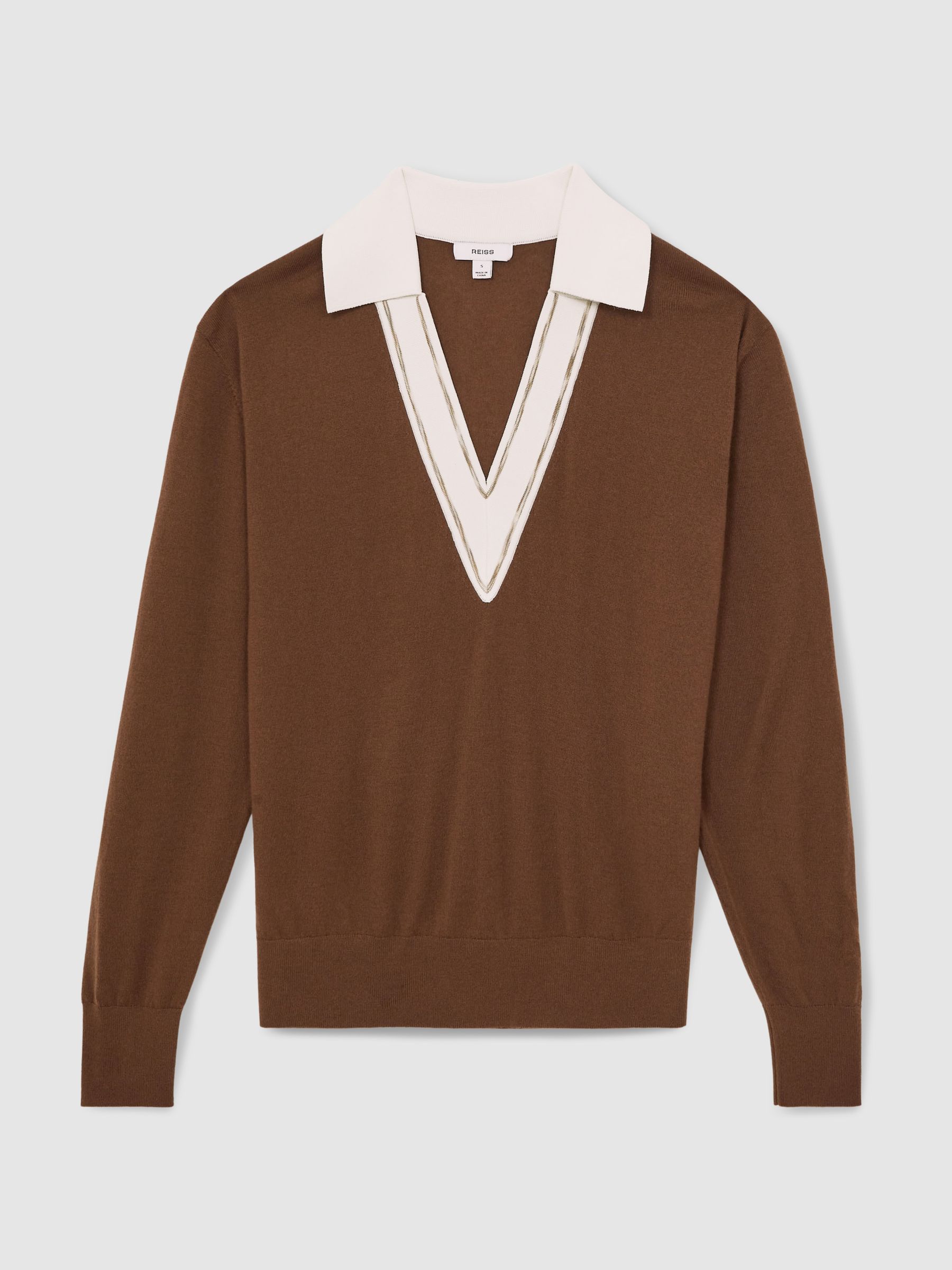 Wool Collared Cricket Jumper in Chocolate Brown/Ivory