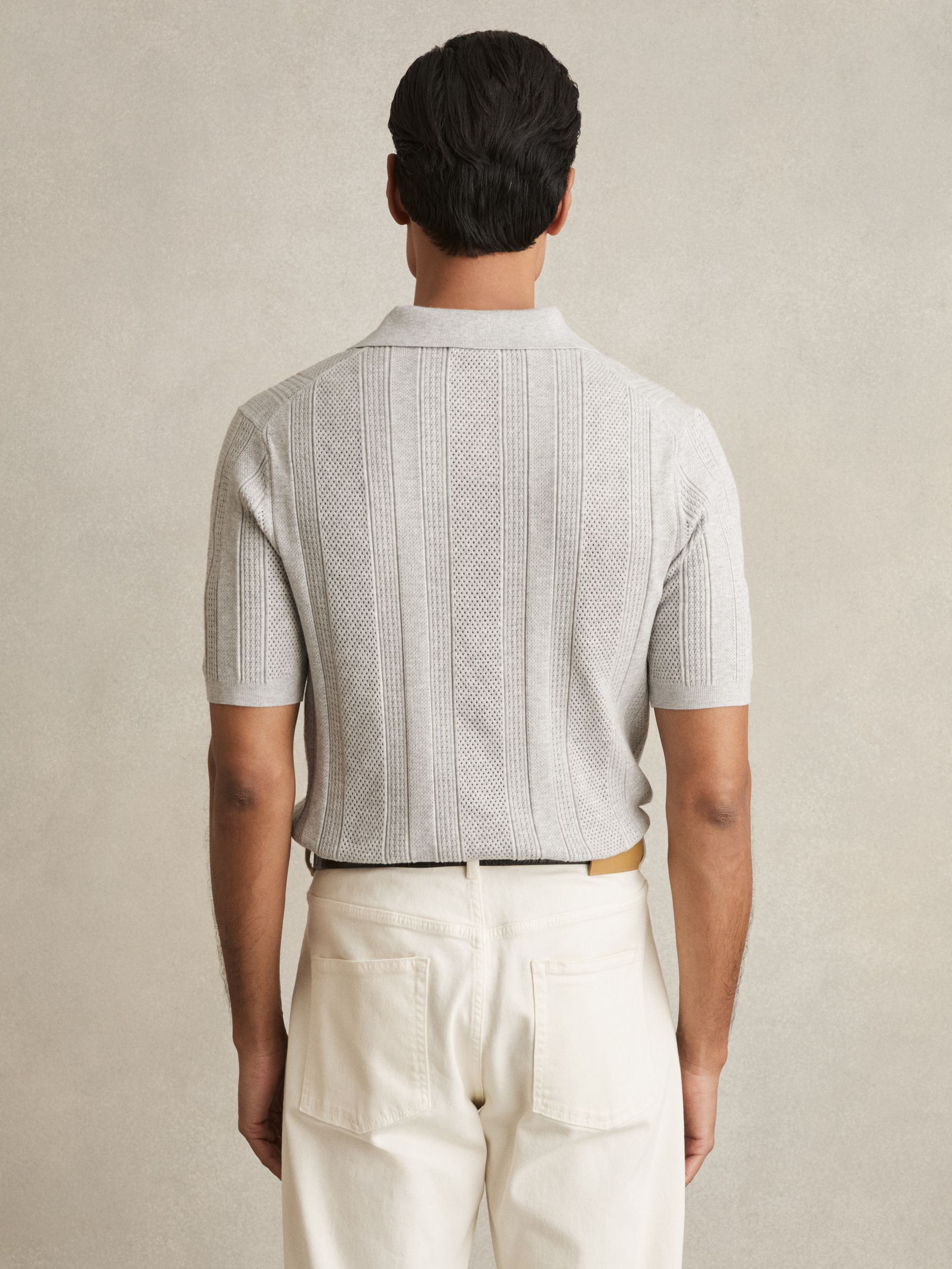 Textured-Stripe Knitted Polo Shirt in Grey Melange