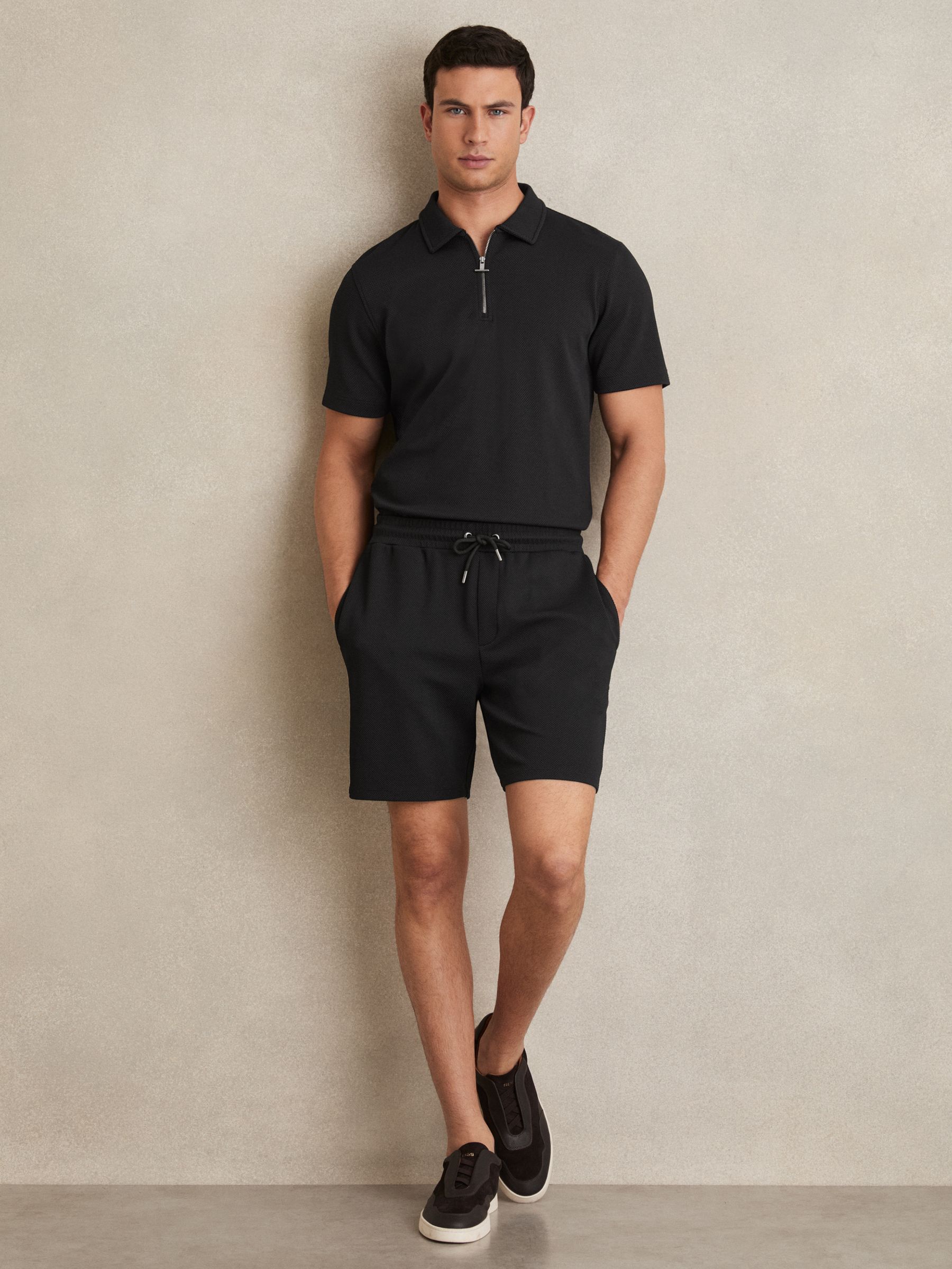 Textured Drawstring Shorts in Black