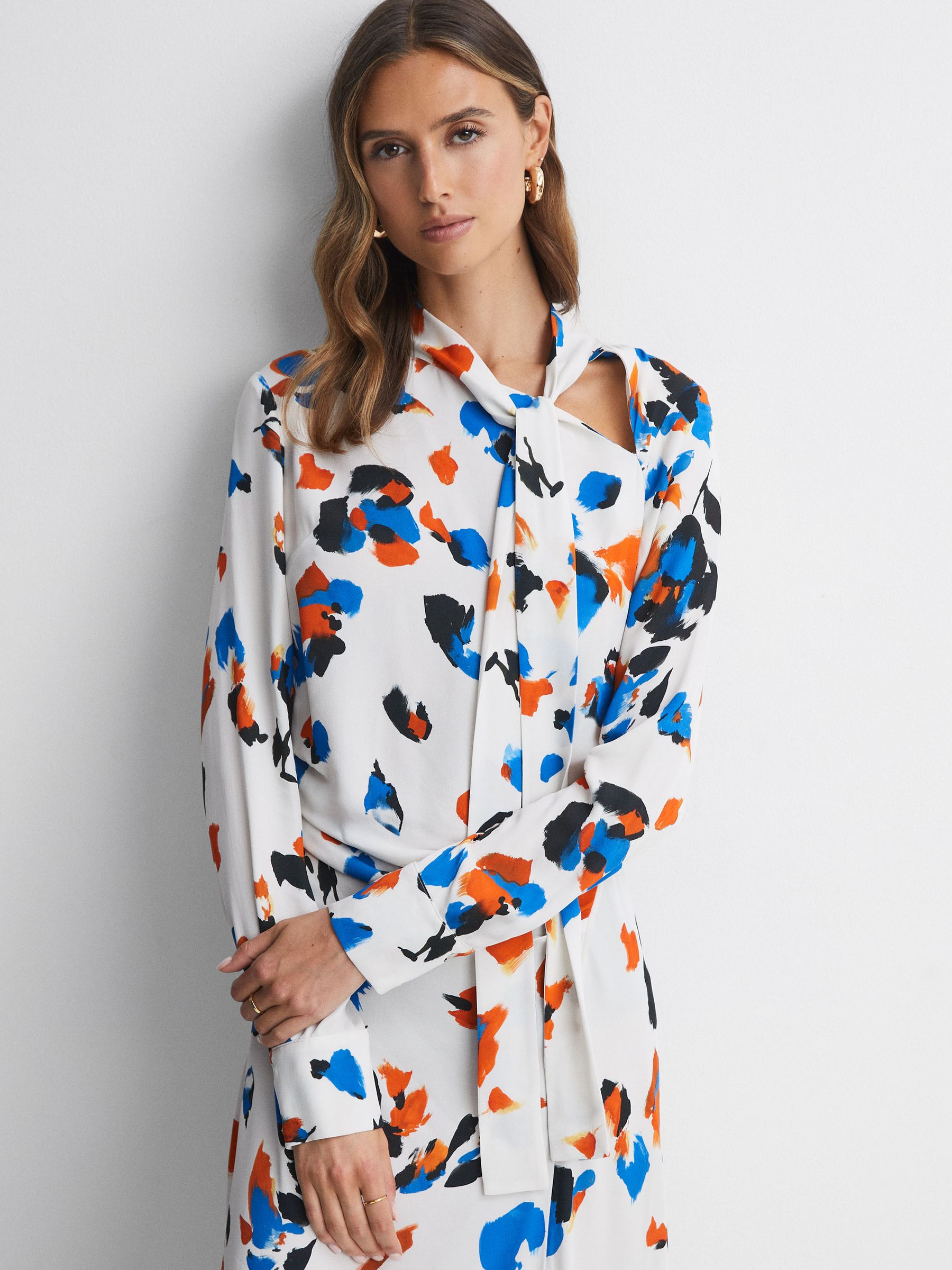 Printed Tie Neck Midi Dress in Blue