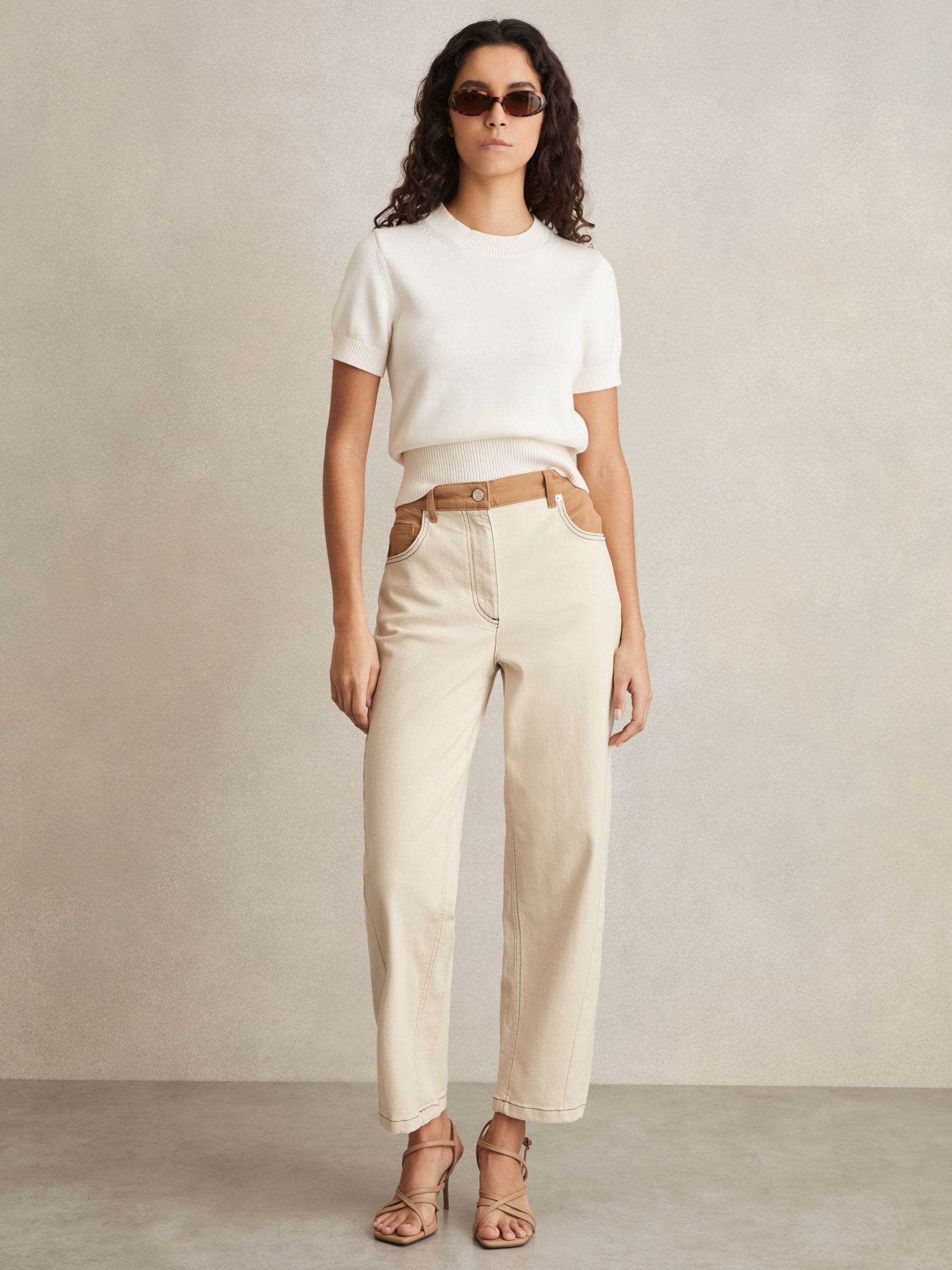 Petite Colour-Block Straight-Leg Jeans in Ecru