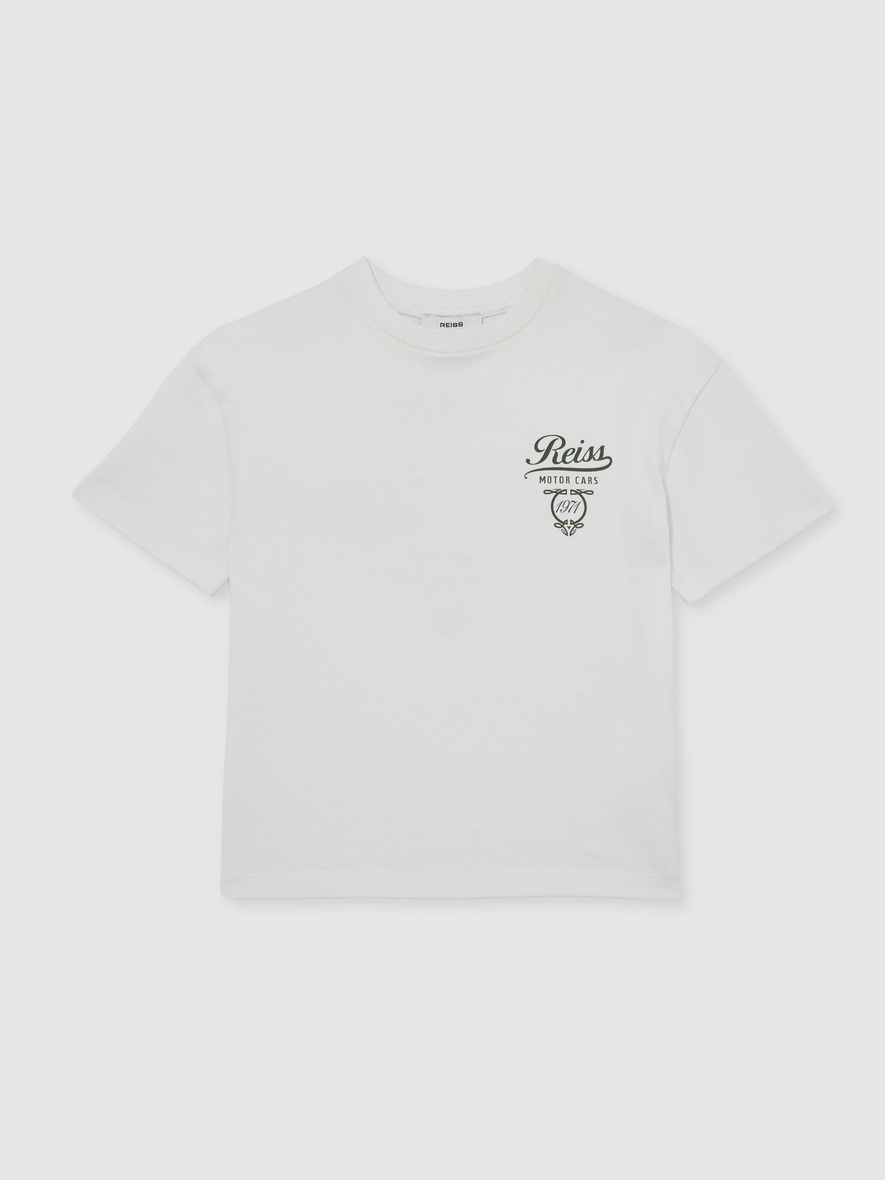 9-13 yrs Cotton Motor Cars-Print T-Shirt in White/Green