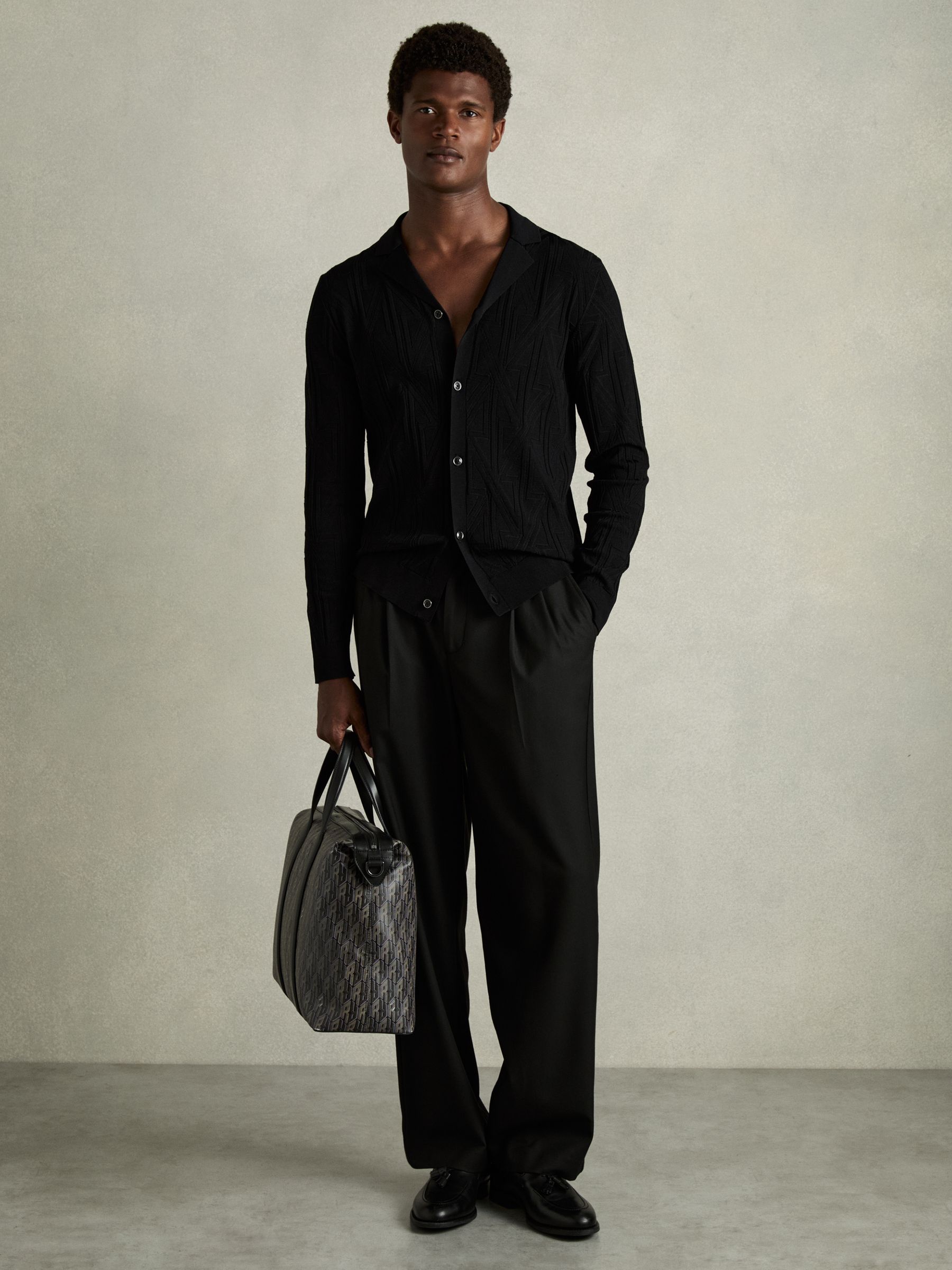 Jacquard Cuban-Collar Button-Through Shirt in Black