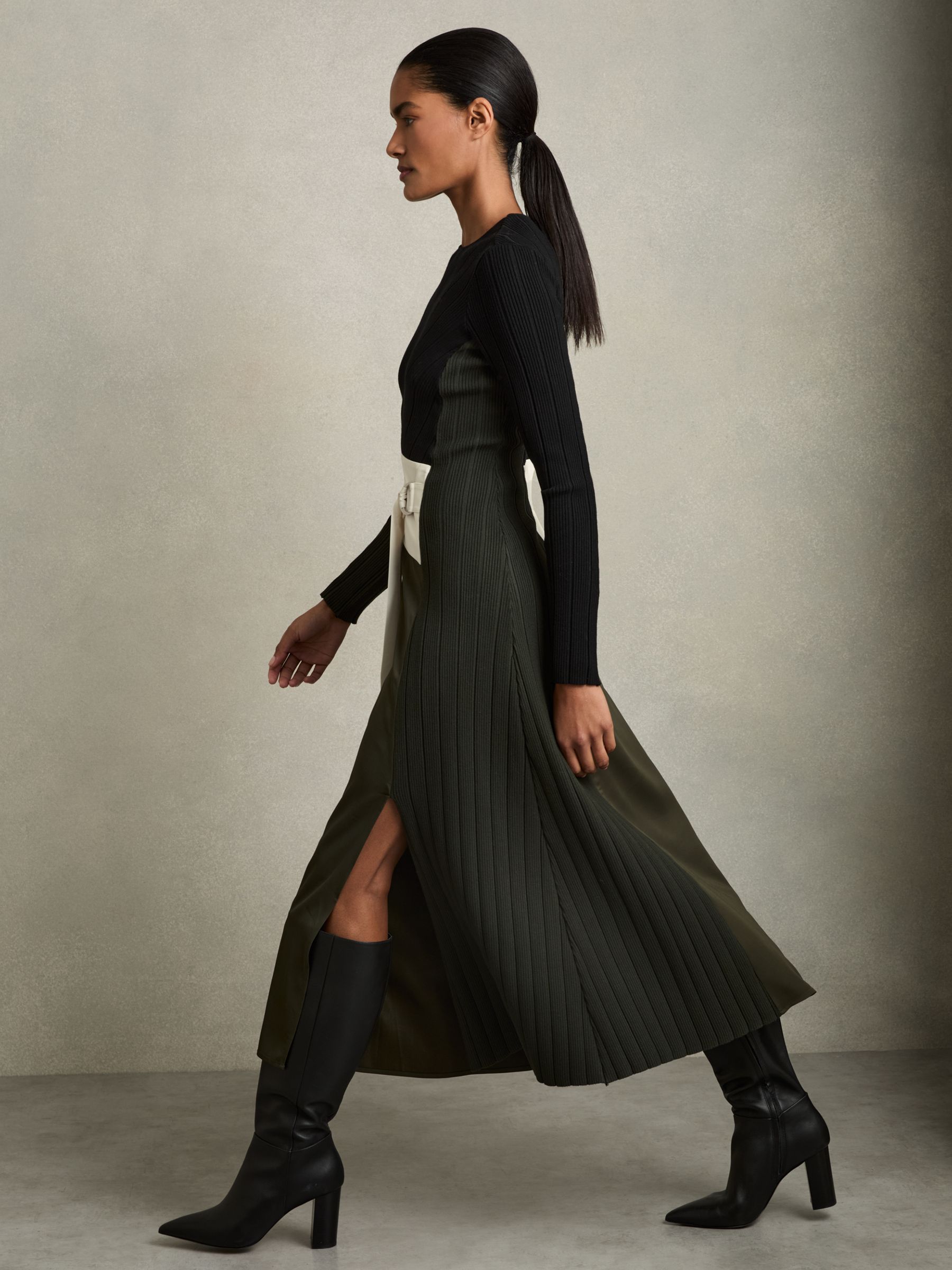 Rib-Knit Panelled Belted Midi Dress in Khaki/Black