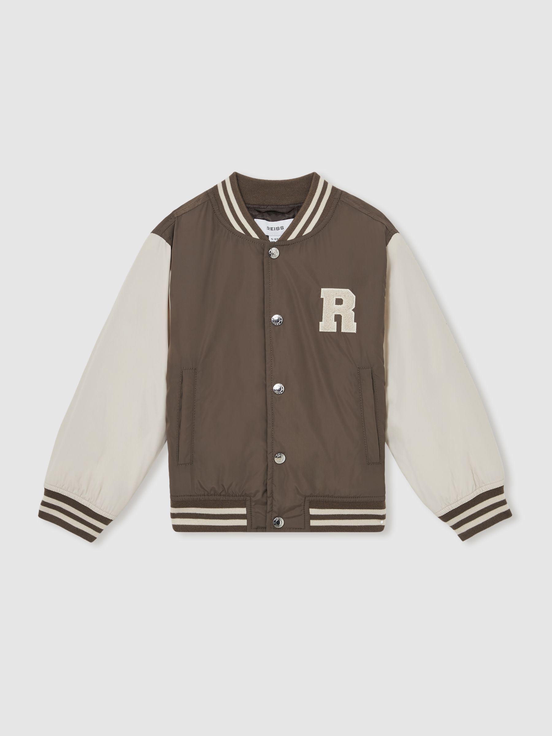 9-13 yrs Colour-Block Varsity Bomber Jacket in Mink Brown/Off White