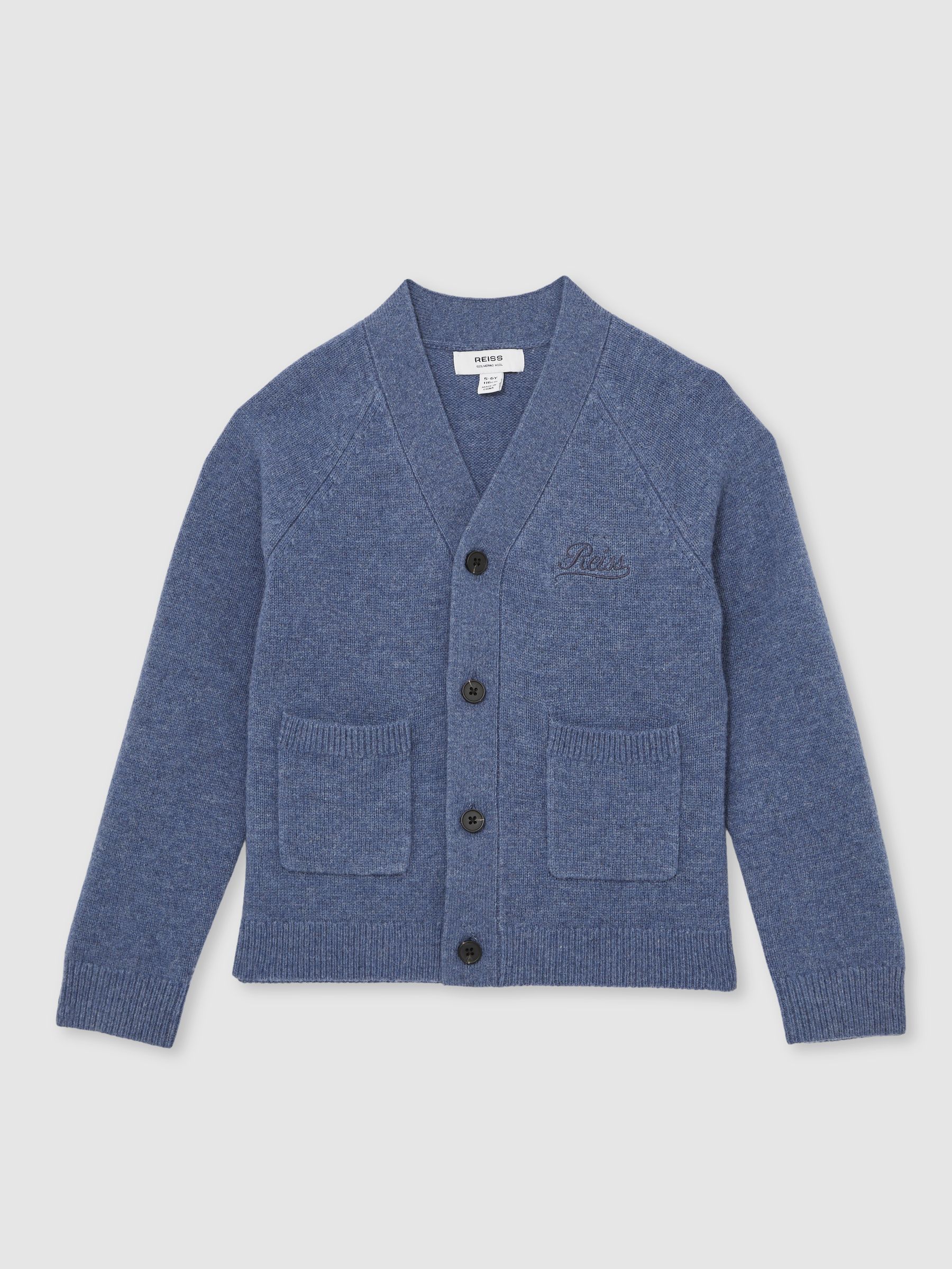 13-14 yrs Wool Embroidered-Logo Cardigan in Dark Airforce Blue