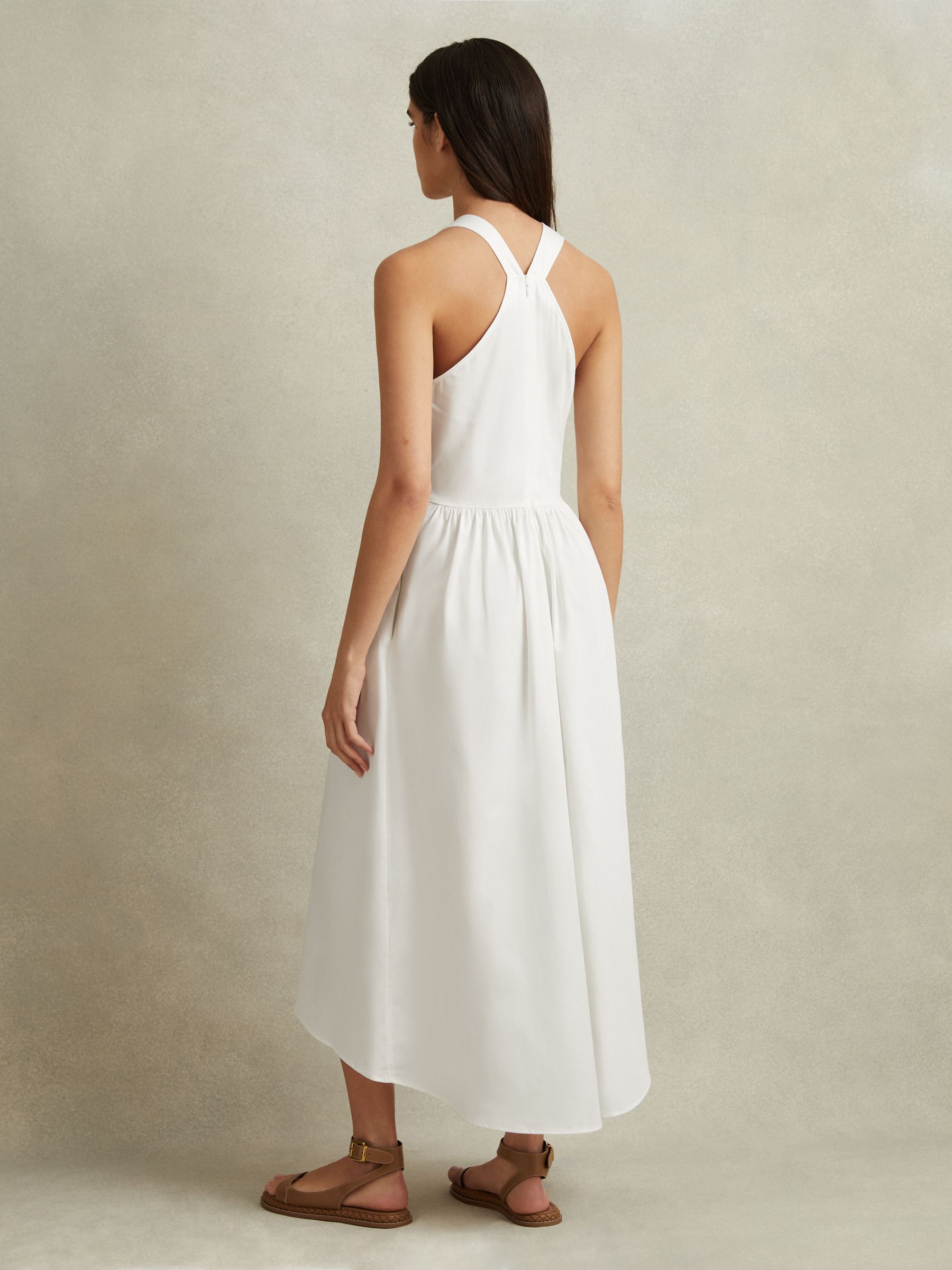 Cotton Blend High-Low Midi Dress in White