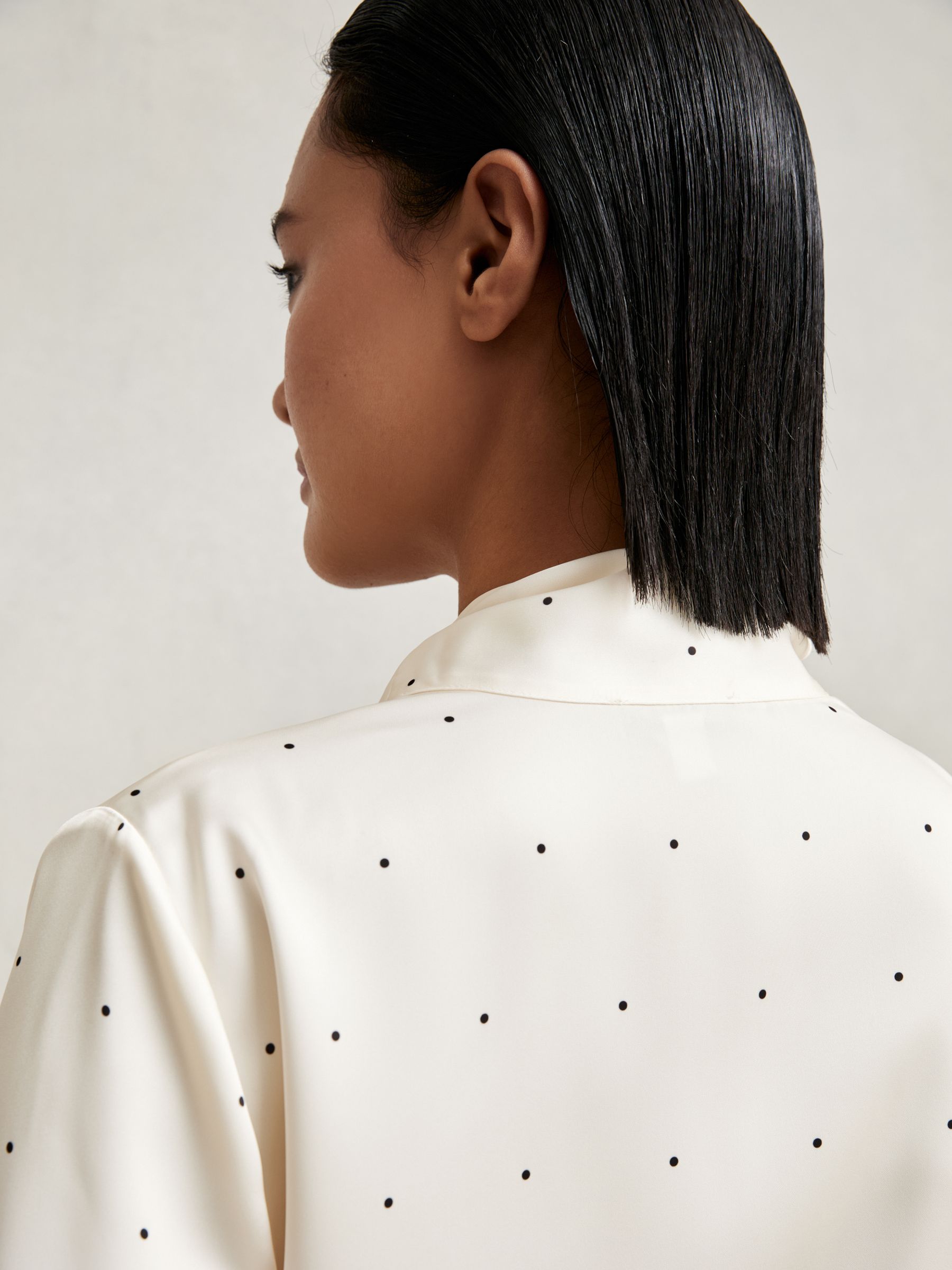 Satin Polka Dot Tie Neck Blouse in Ivory