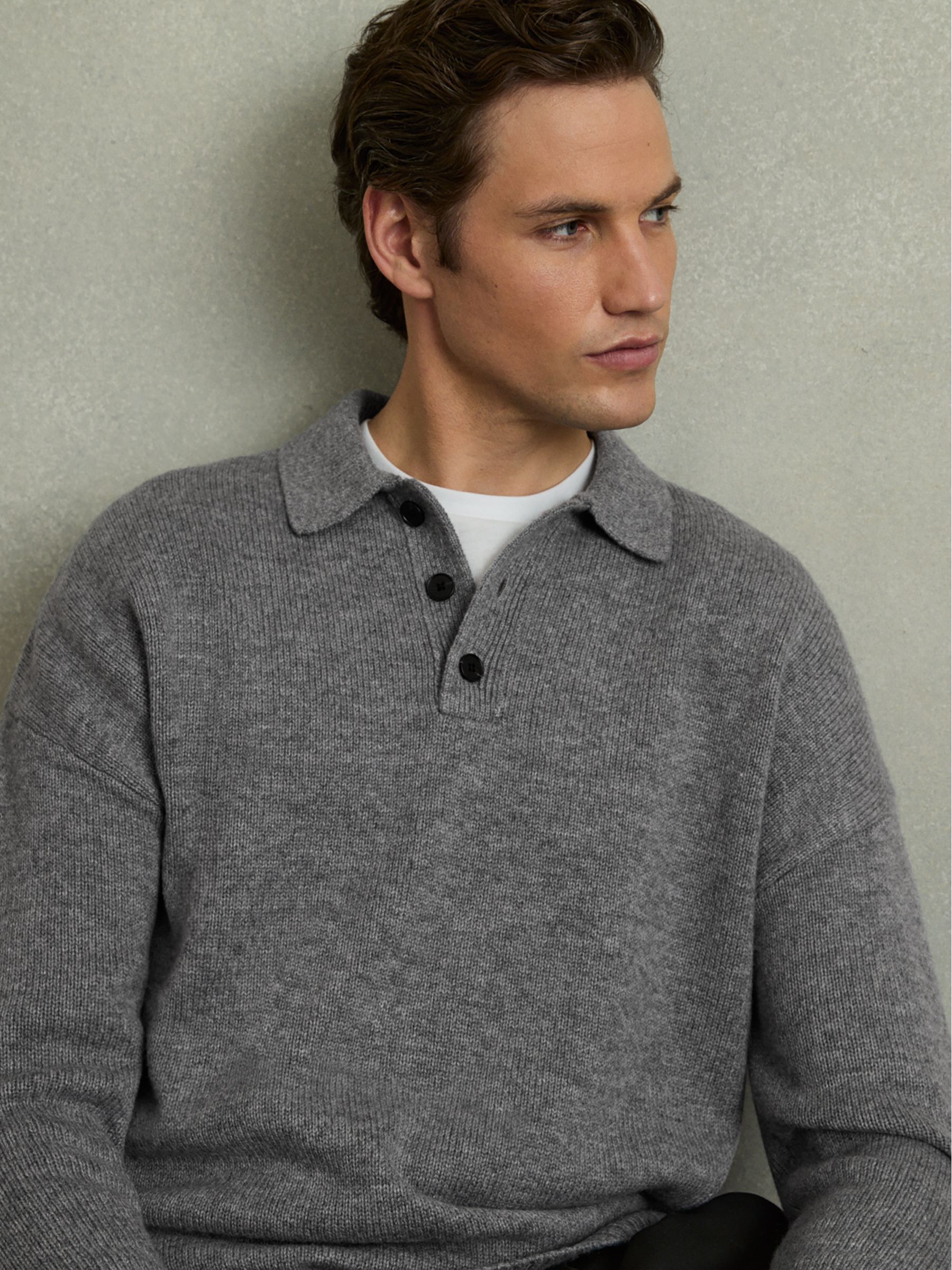 Wool Blend Long Sleeve Polo Shirt in Grey Melange