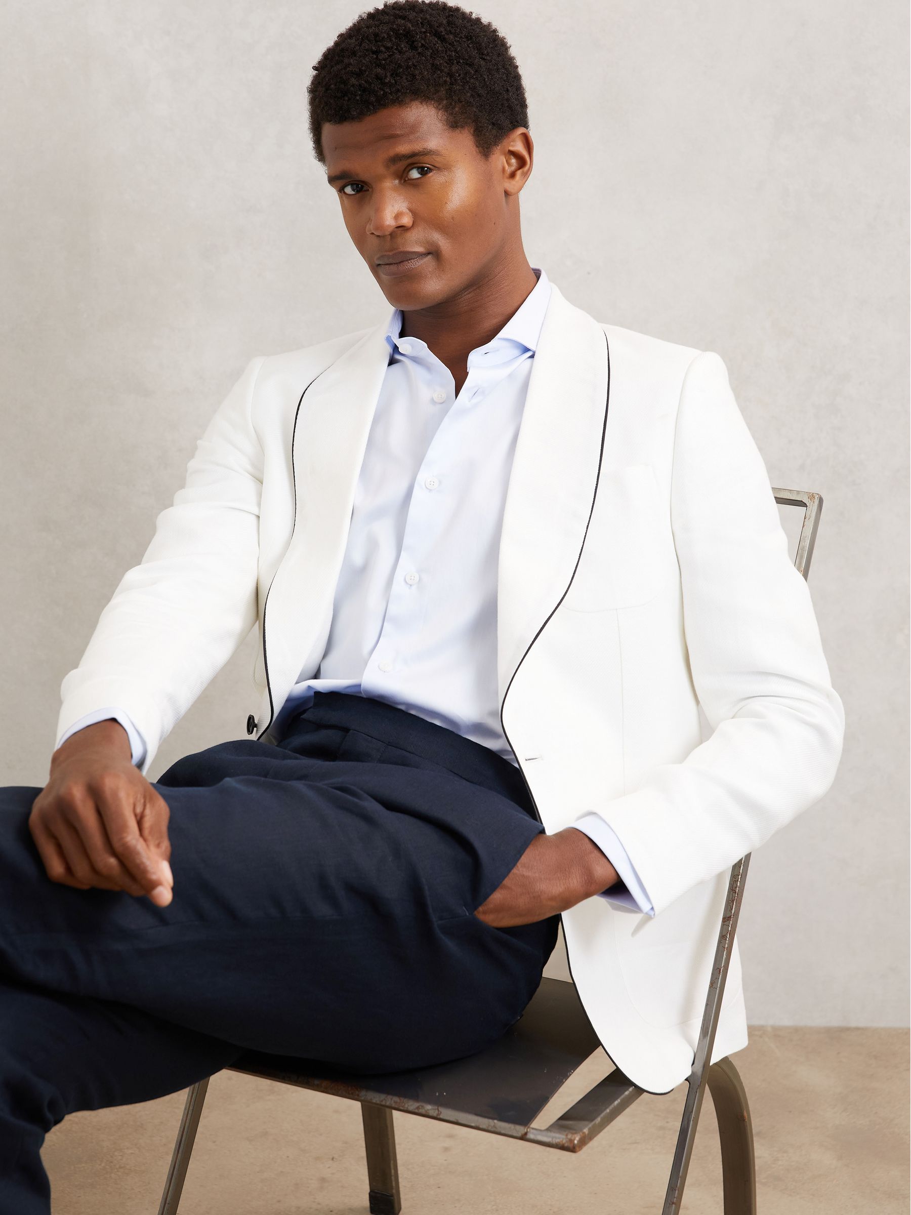 Single-Breasted Blazer with Linen in Ivory White