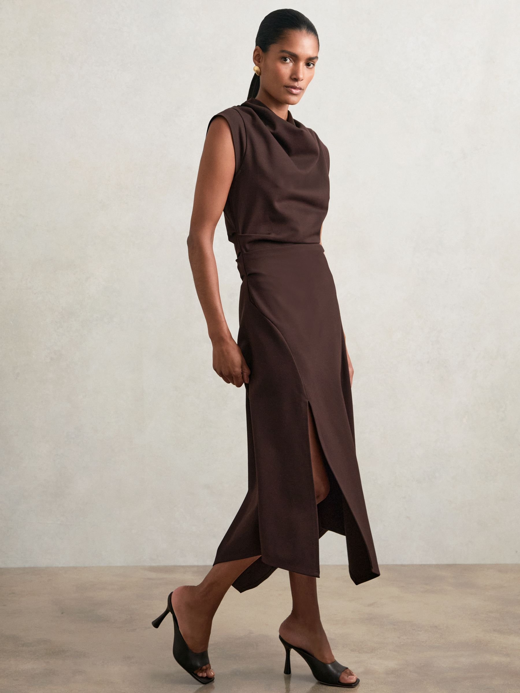 Twill-Jersey Draped Midi Dress in Burgundy