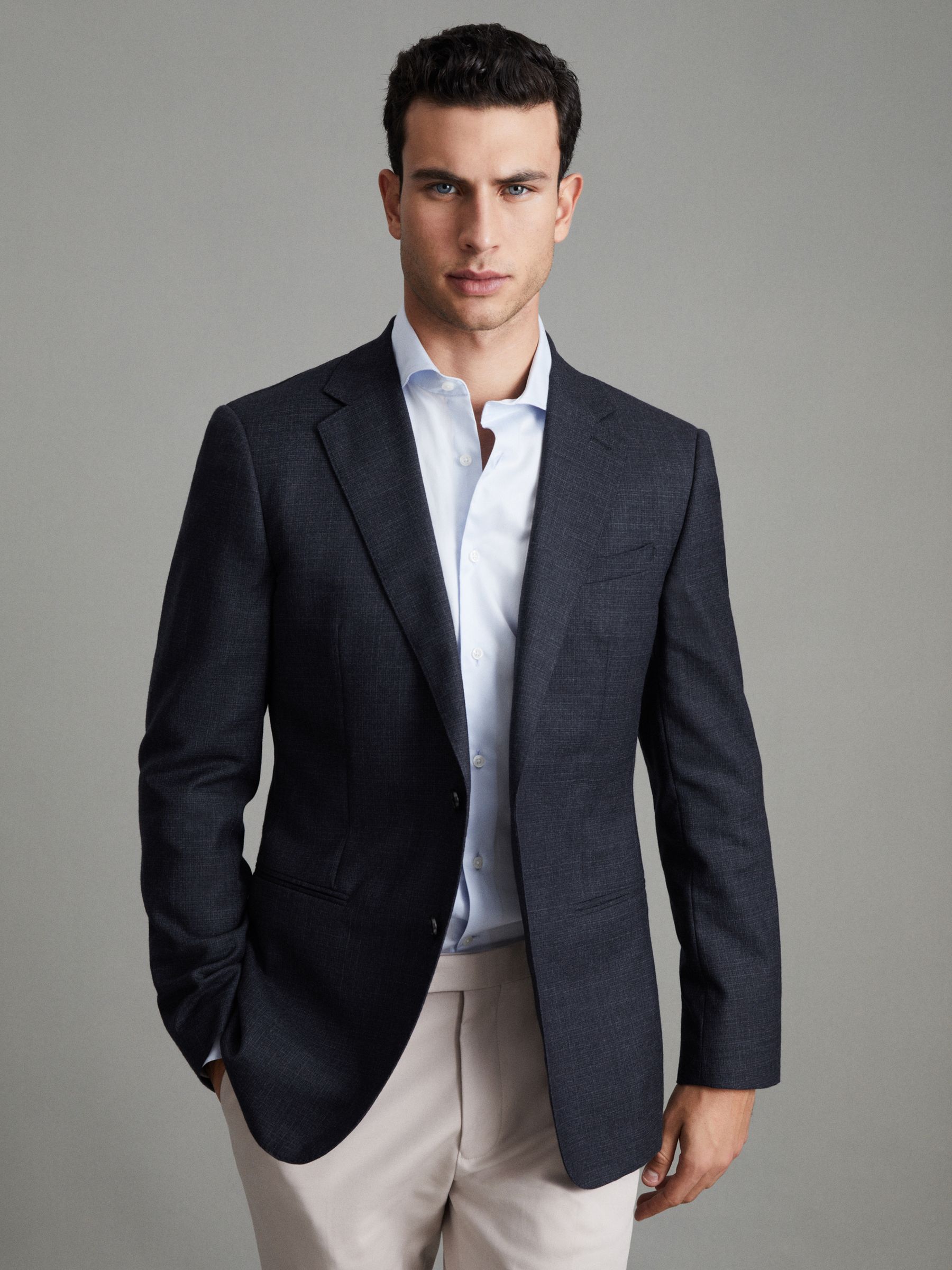Single Breasted Wool Suit Slim Fit Blazer in Navy