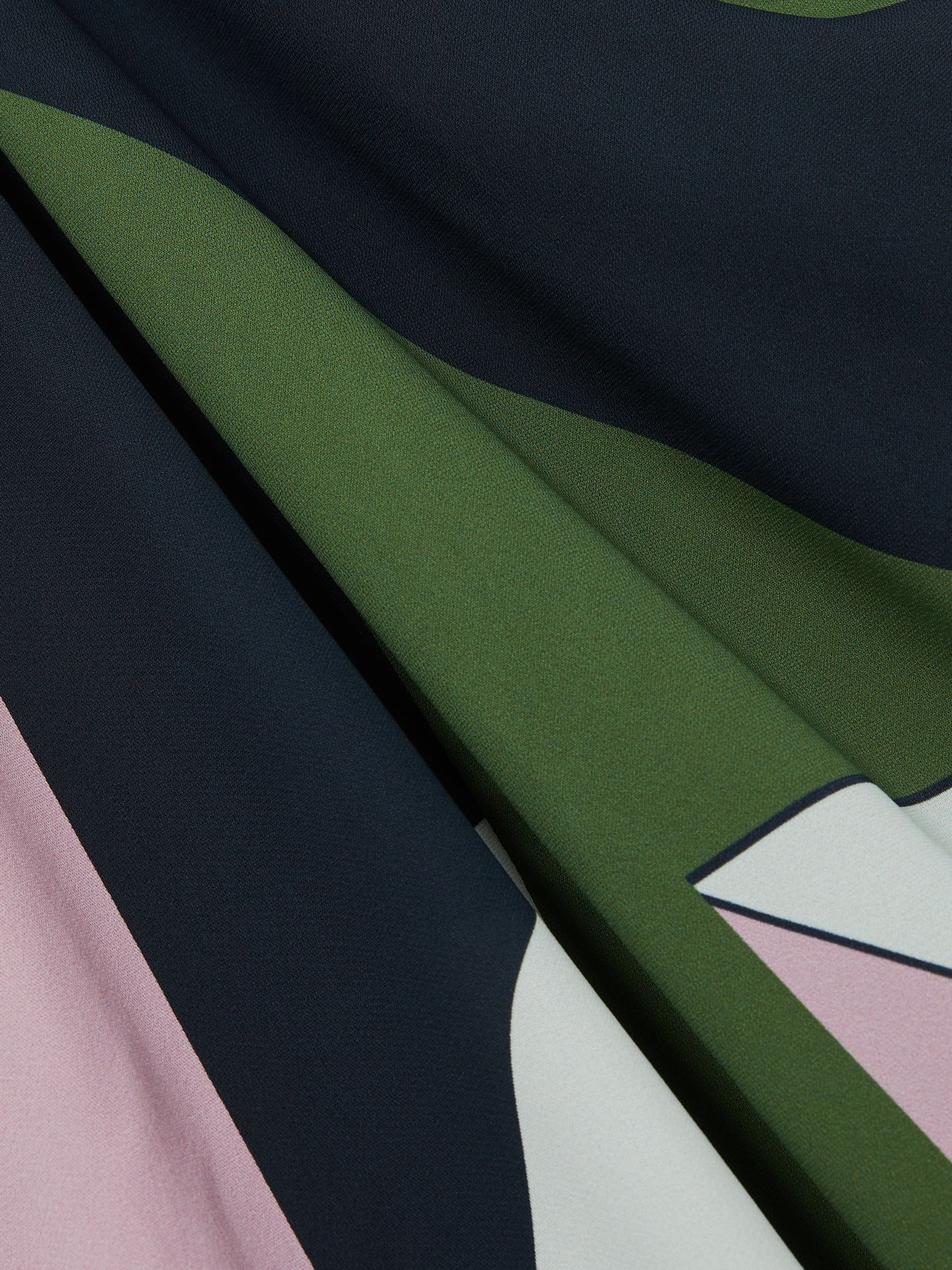 Geometric-Print Gathered Midi Dress in Green