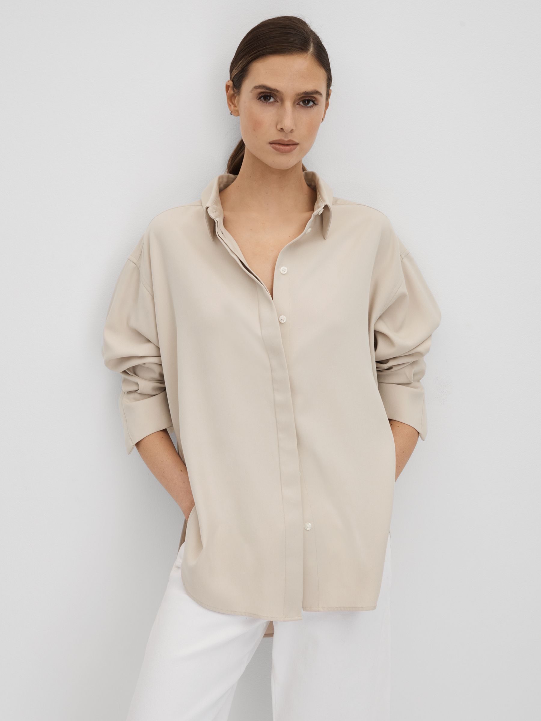 Split Hem Button-Through Shirt in Nude