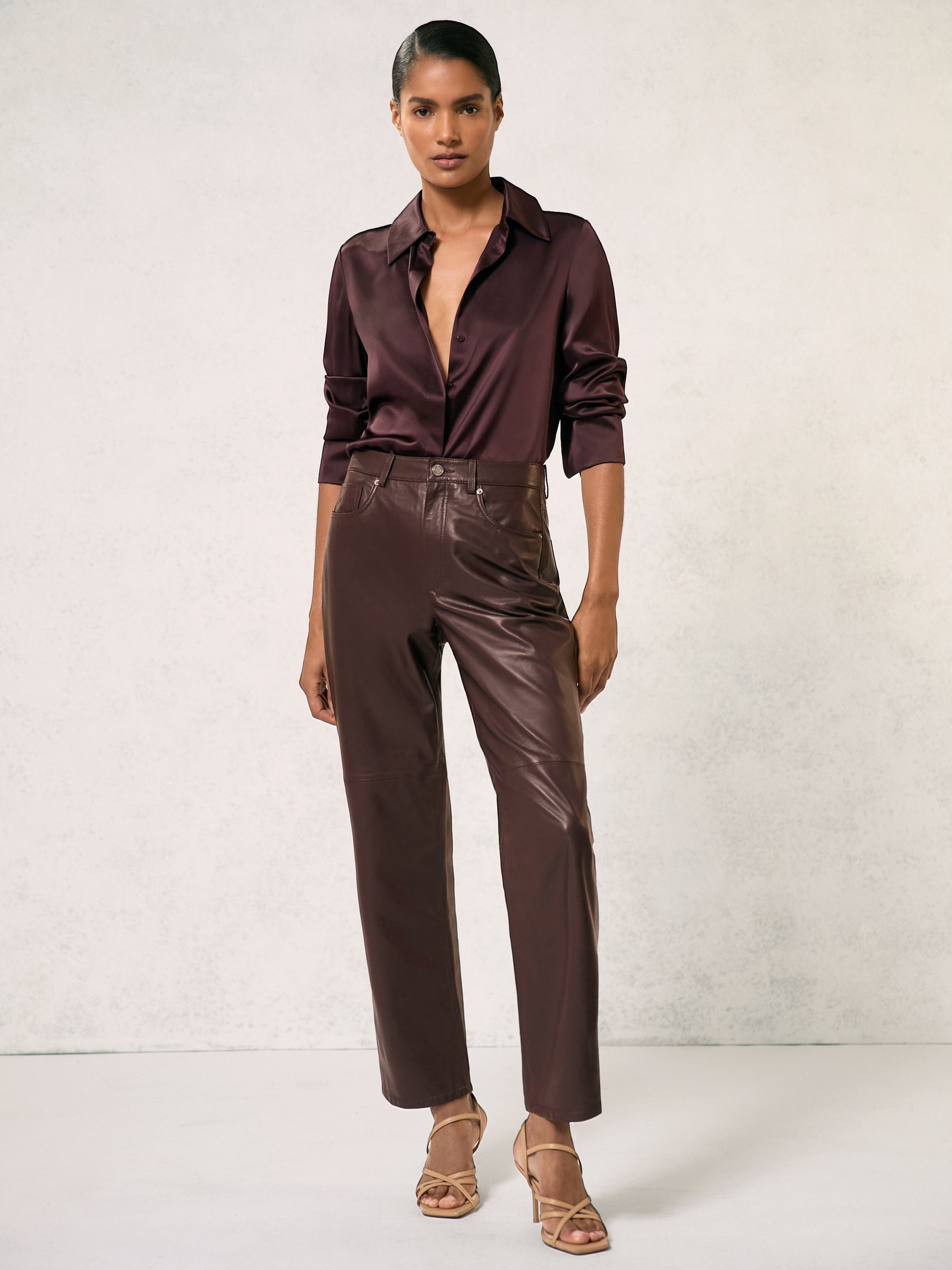 Petite Leather Slim-Leg Trousers in Oxblood Burgundy