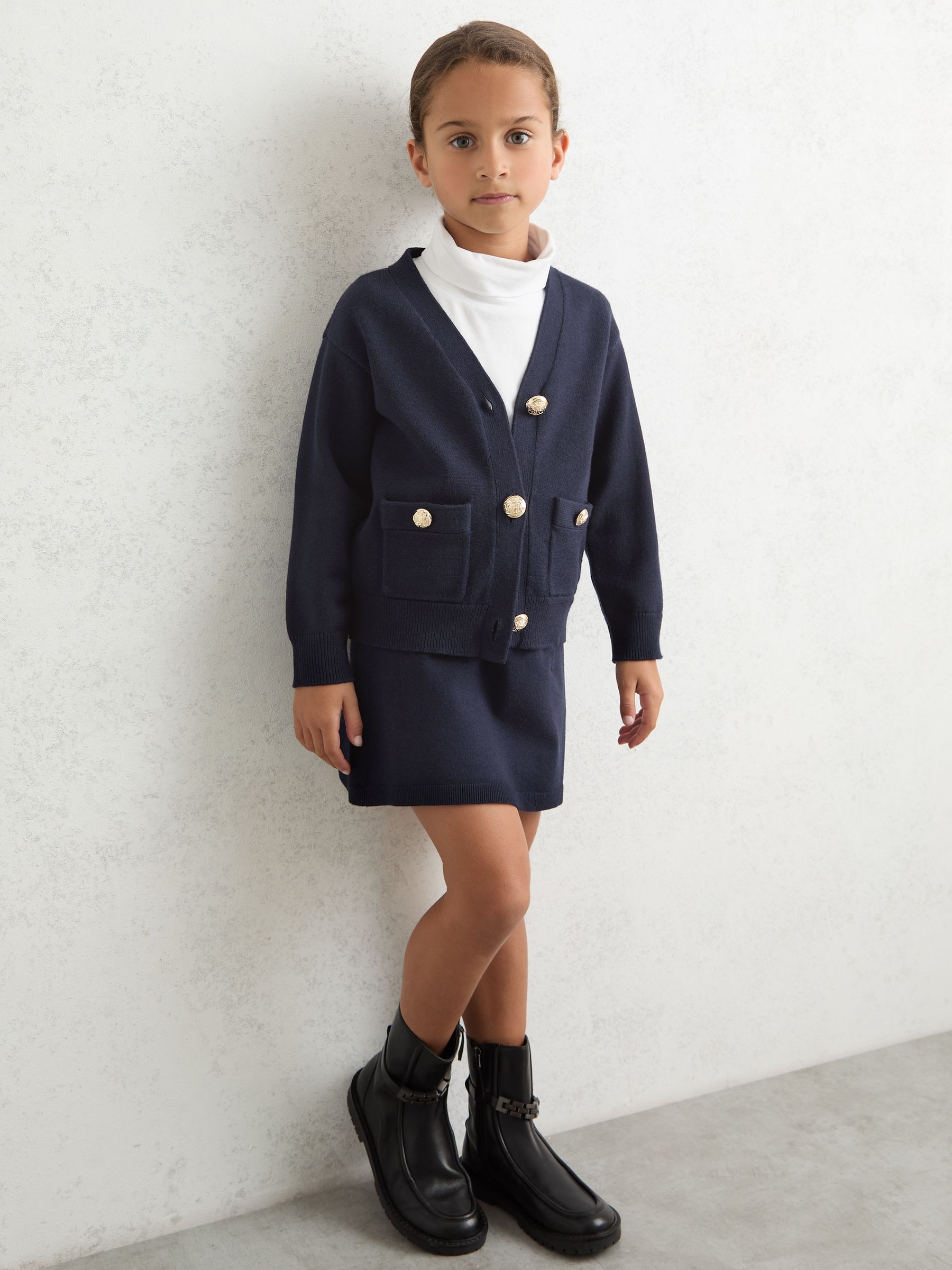 13-14 yrs Knitted Embossed-Button Cardigan in Navy