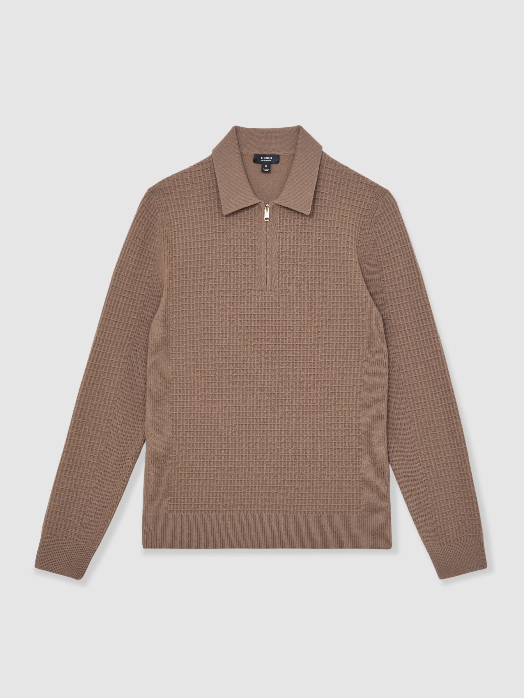 Wool Waffle-Knit Half-Zip Polo Shirt in Camel Brown