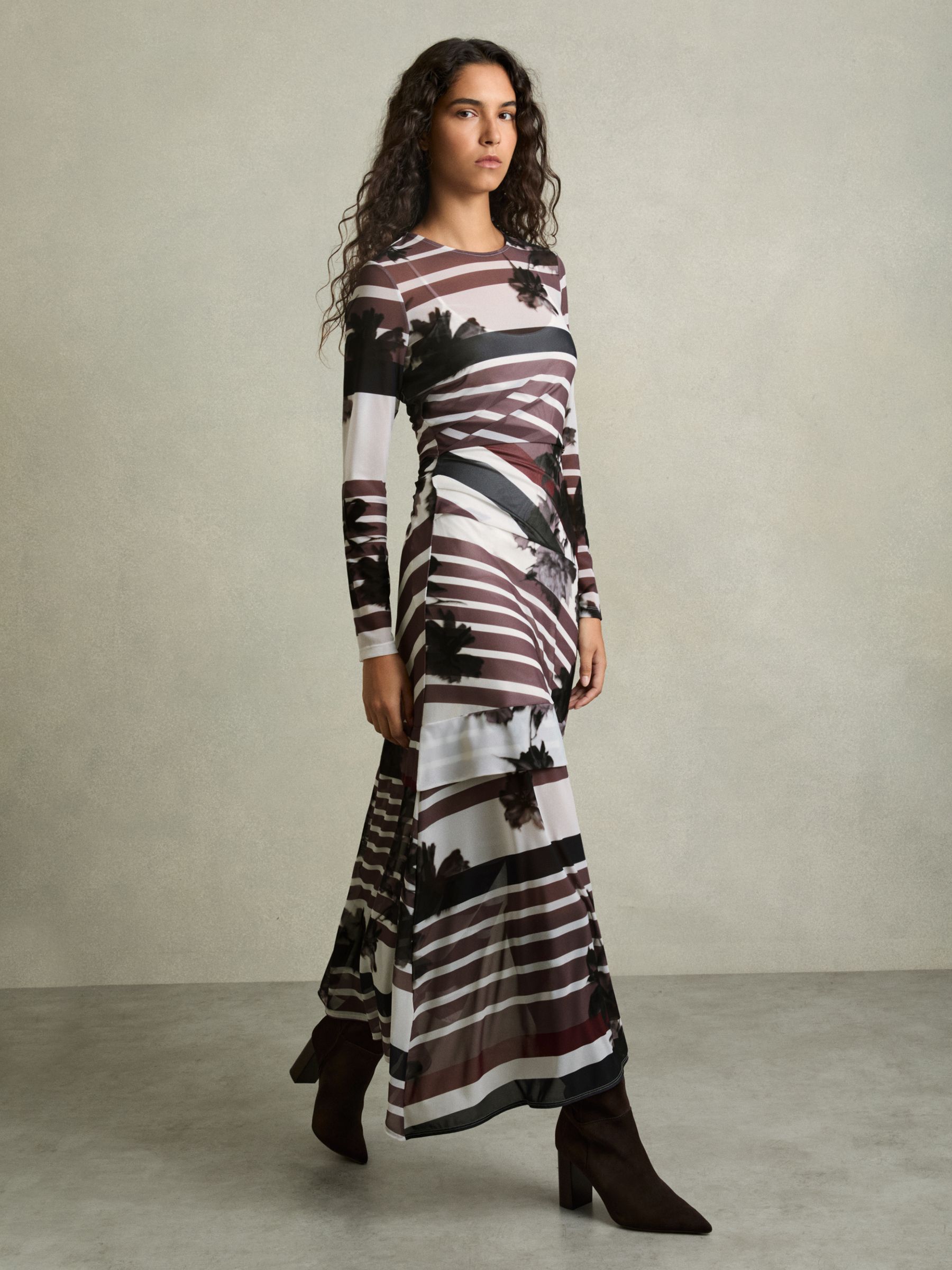 Stretch-Mesh Stripe-Print Ruched Dress in Burgundy/Black