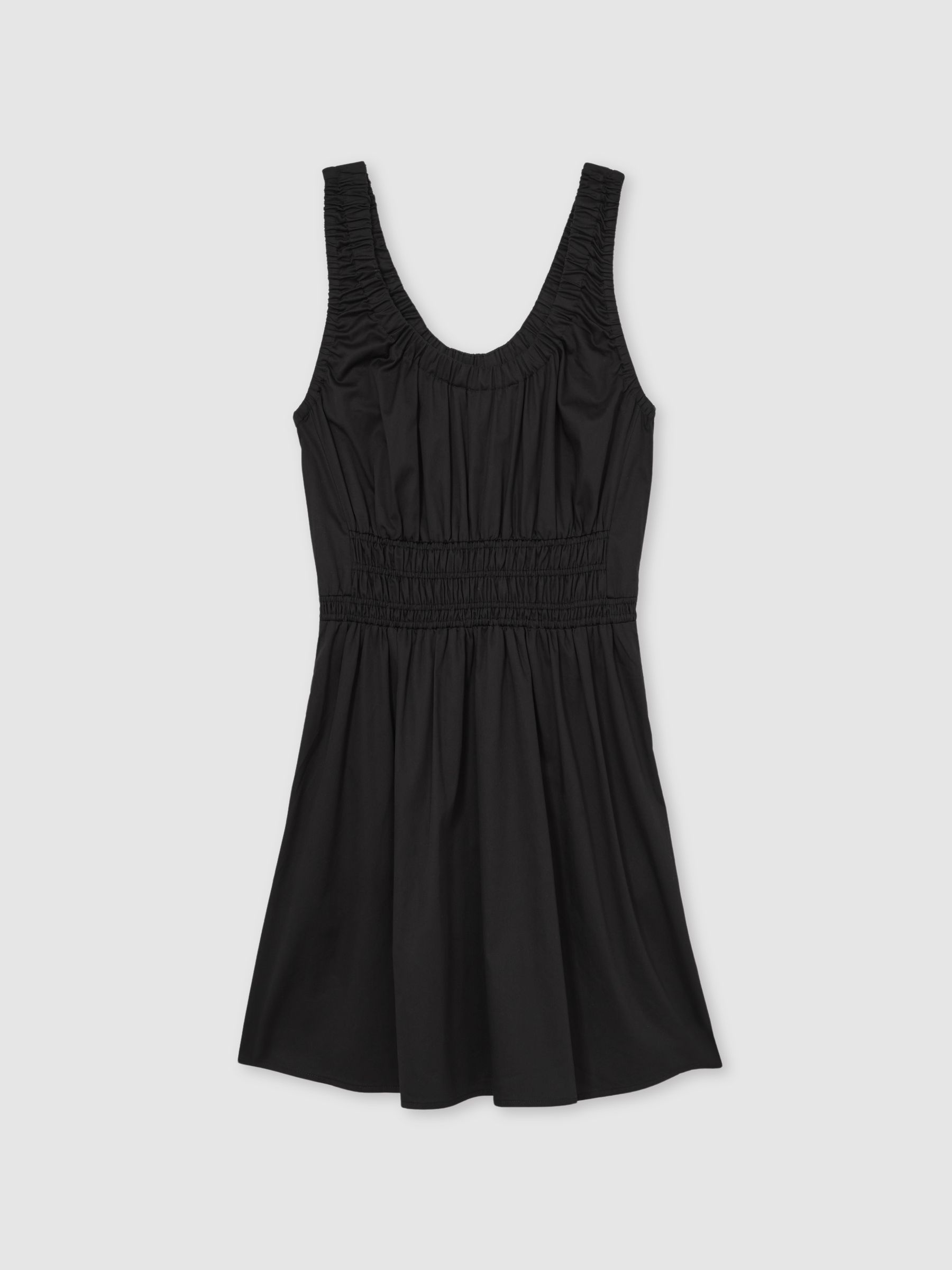 Cotton Craft-Stitch Shirred Mini Dress in Black