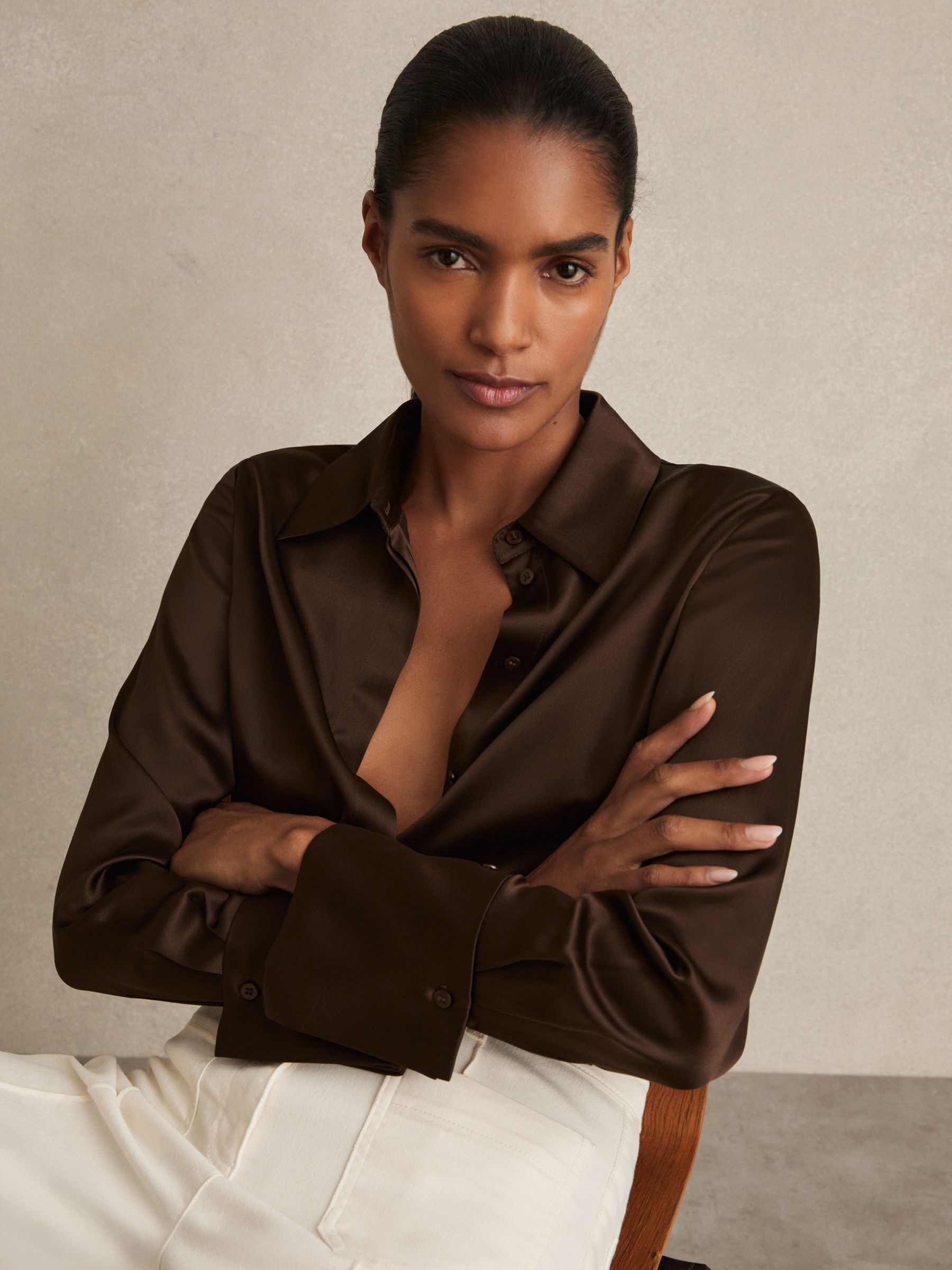 Silk Double-Cuff Button-Through Shirt in Chocolate