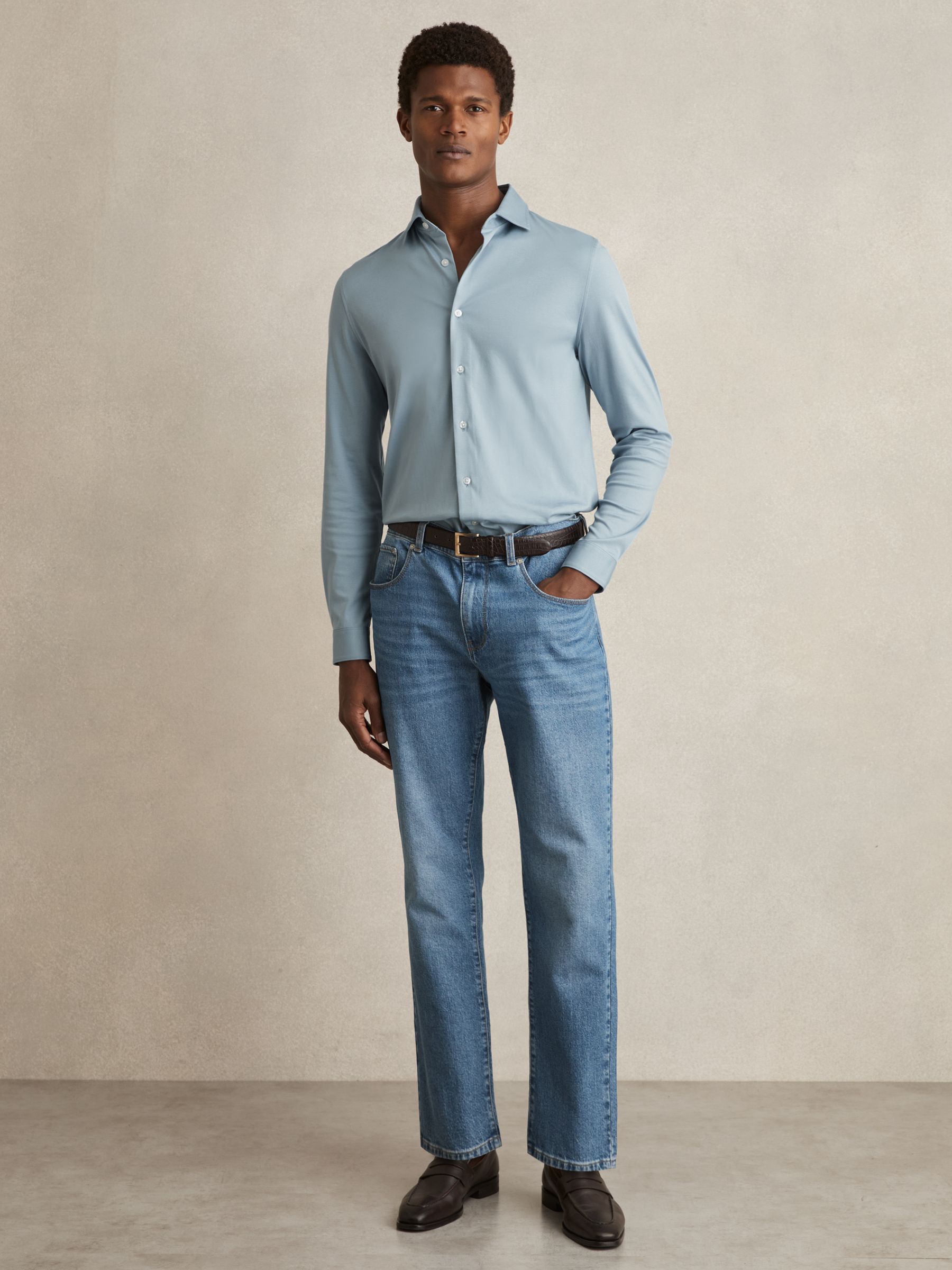 Cotton Jersey Button Through Shirt in Soft Blue