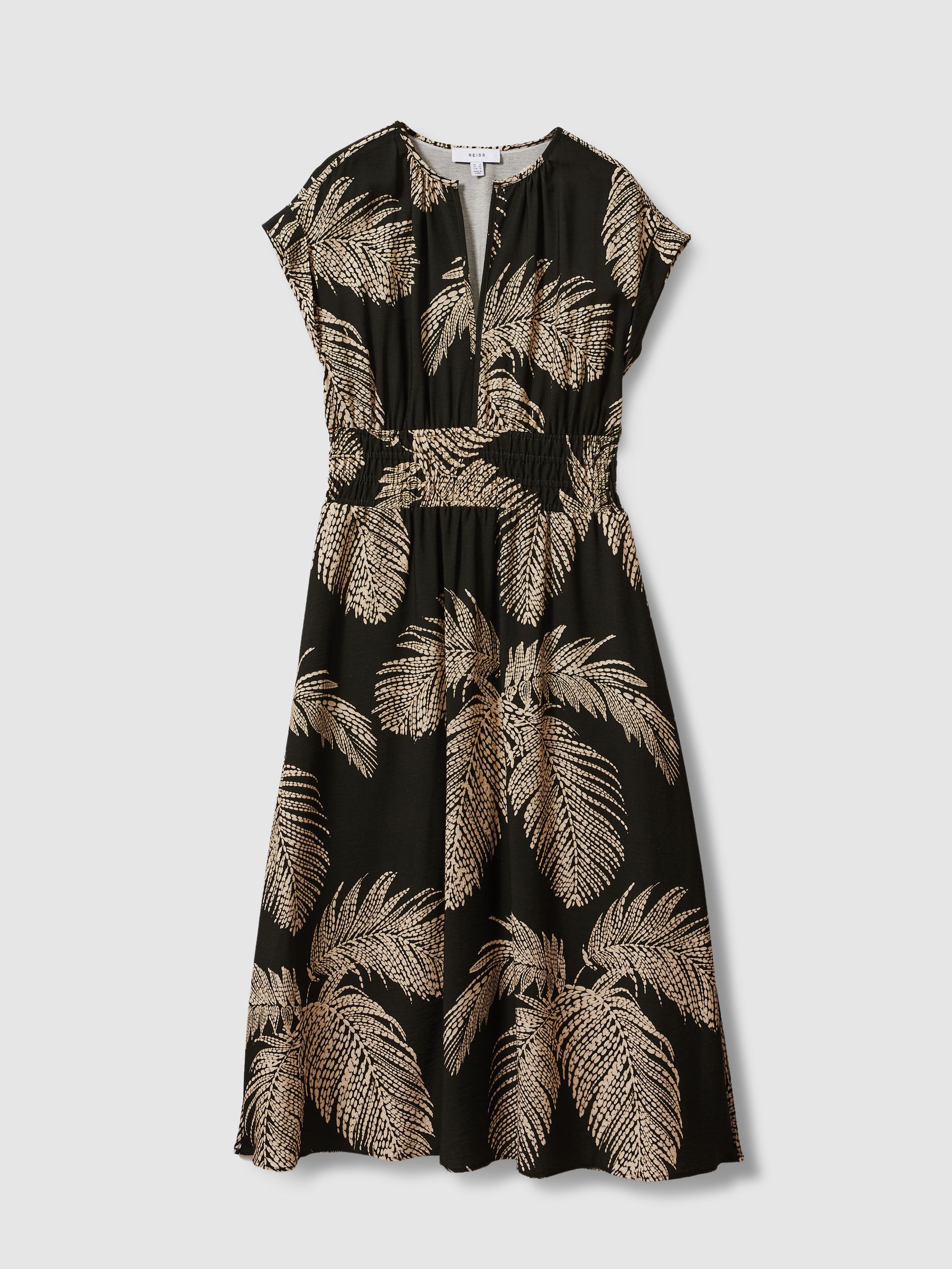 Tropical Print Elasticated Waist Midi Dress in Khaki