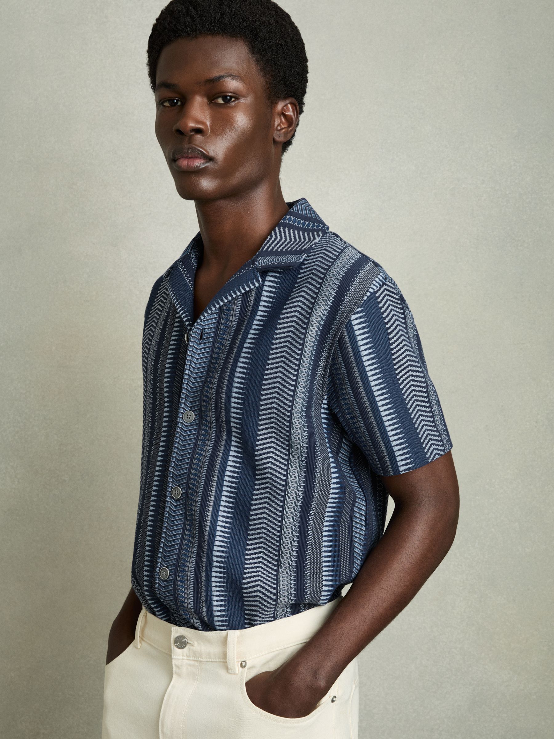 Aztec-Stripe Cuban-Collar Shirt in Navy