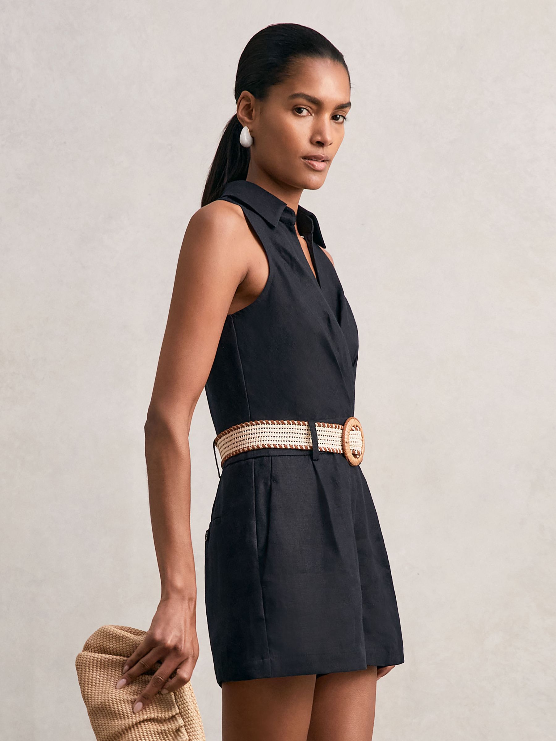 Linen Belted Sleeveless Wrap Playsuit in Navy