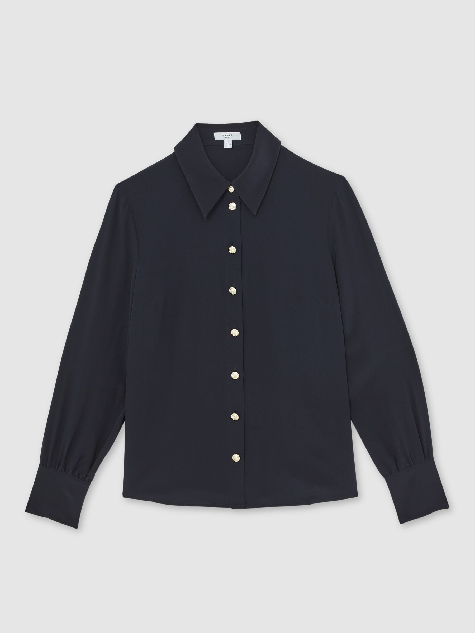 Silk Embossed-Button Shirt in Navy