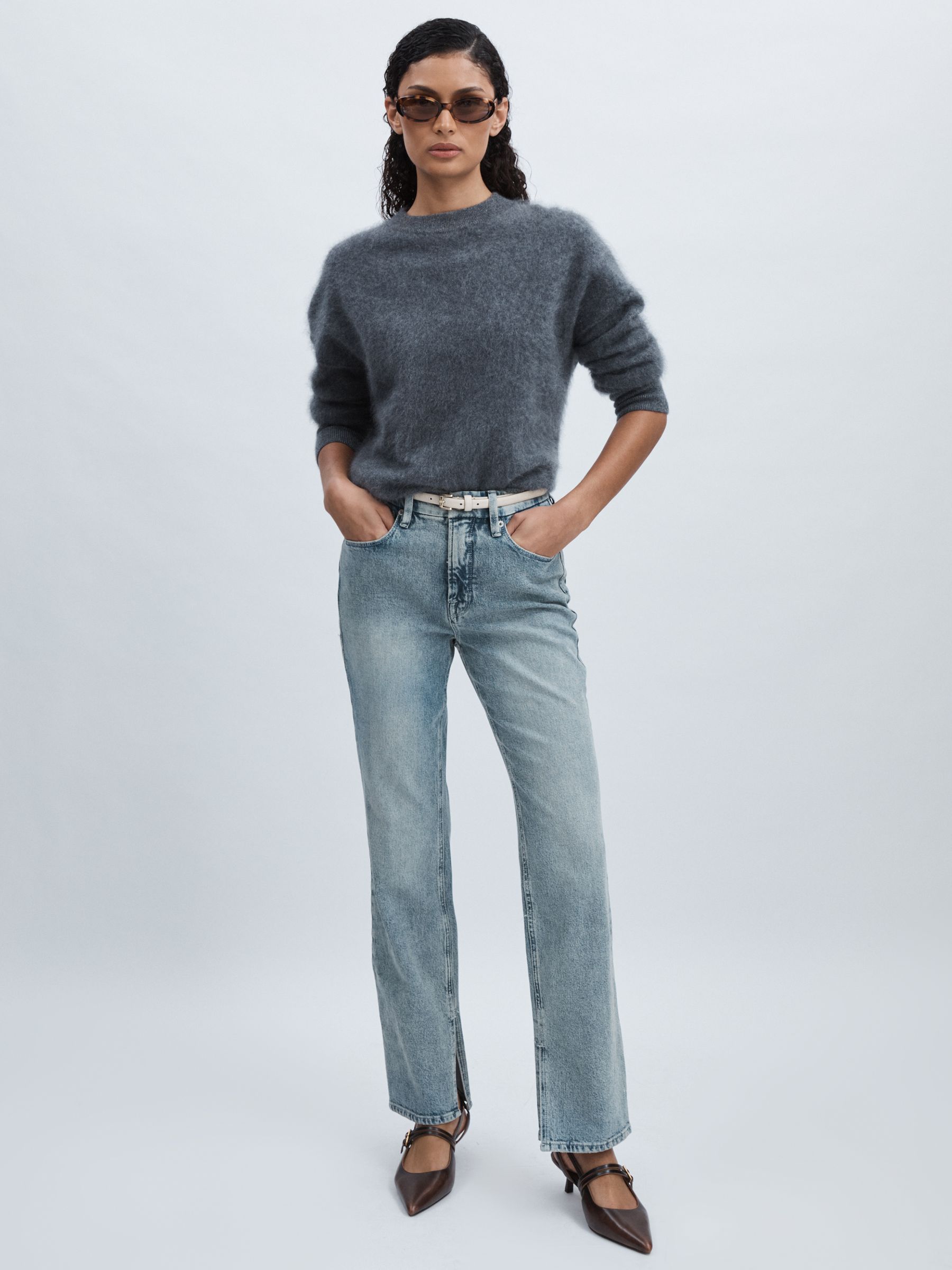 Good American Straight-Leg Slit-Hem Jeans in Light Indigo