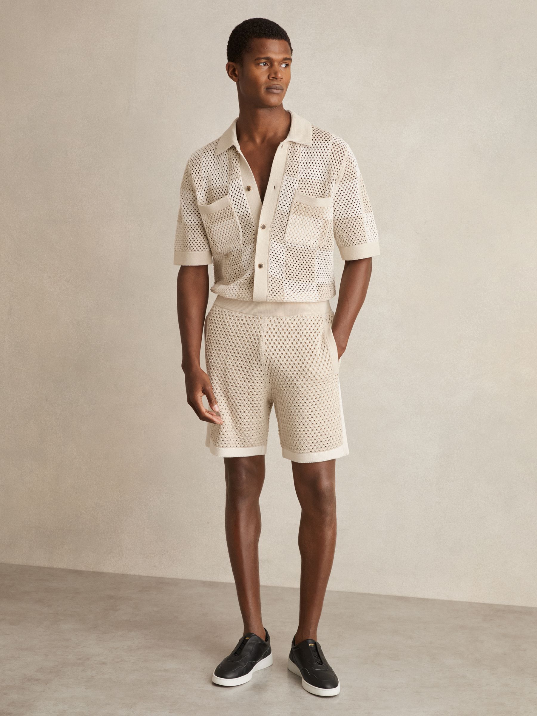 Cotton Chequerboard Crochet Shirt in Taupe/Off White