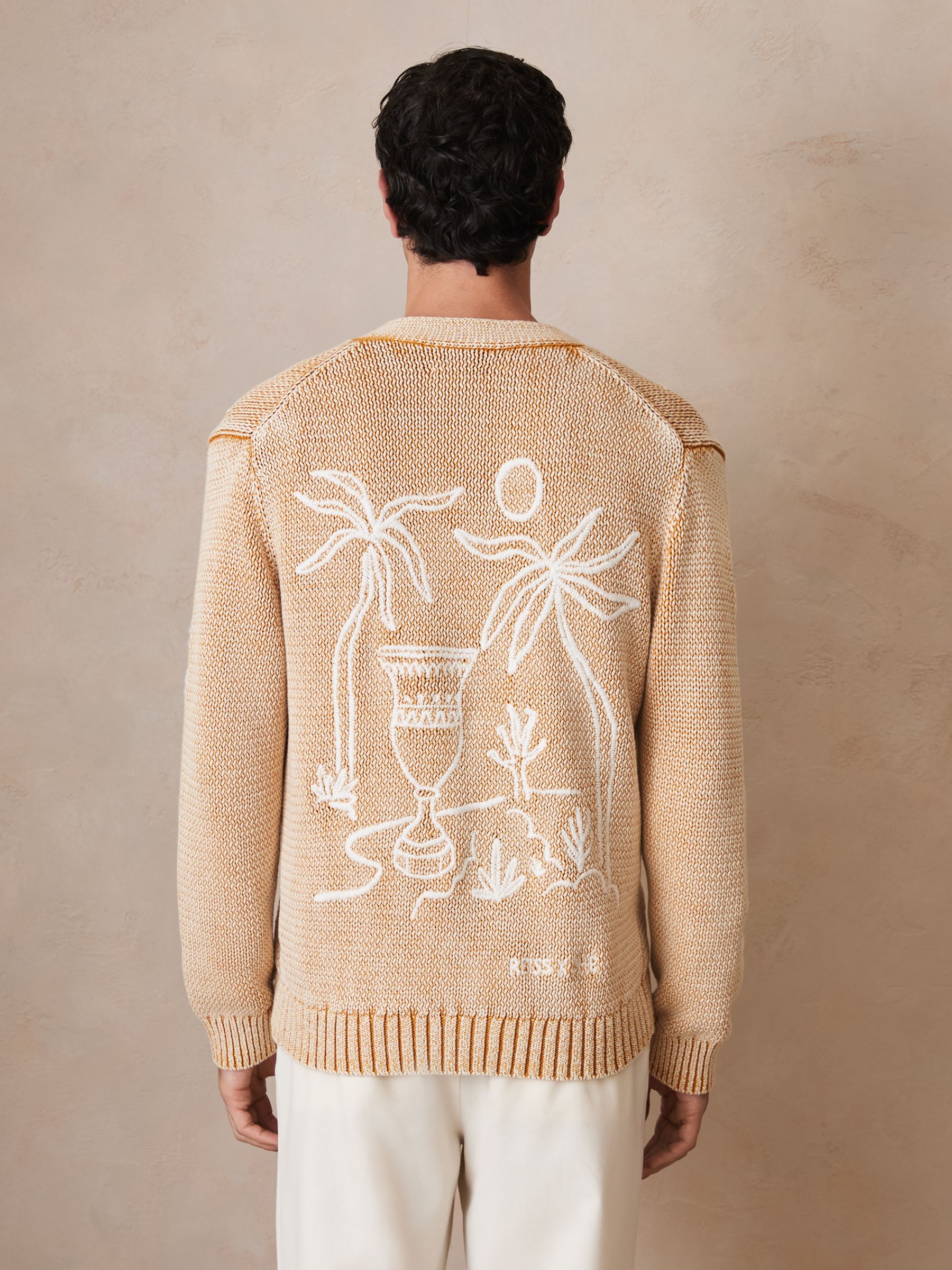 Reiss | Ché Motif-Embroidered Cardigan in Camel