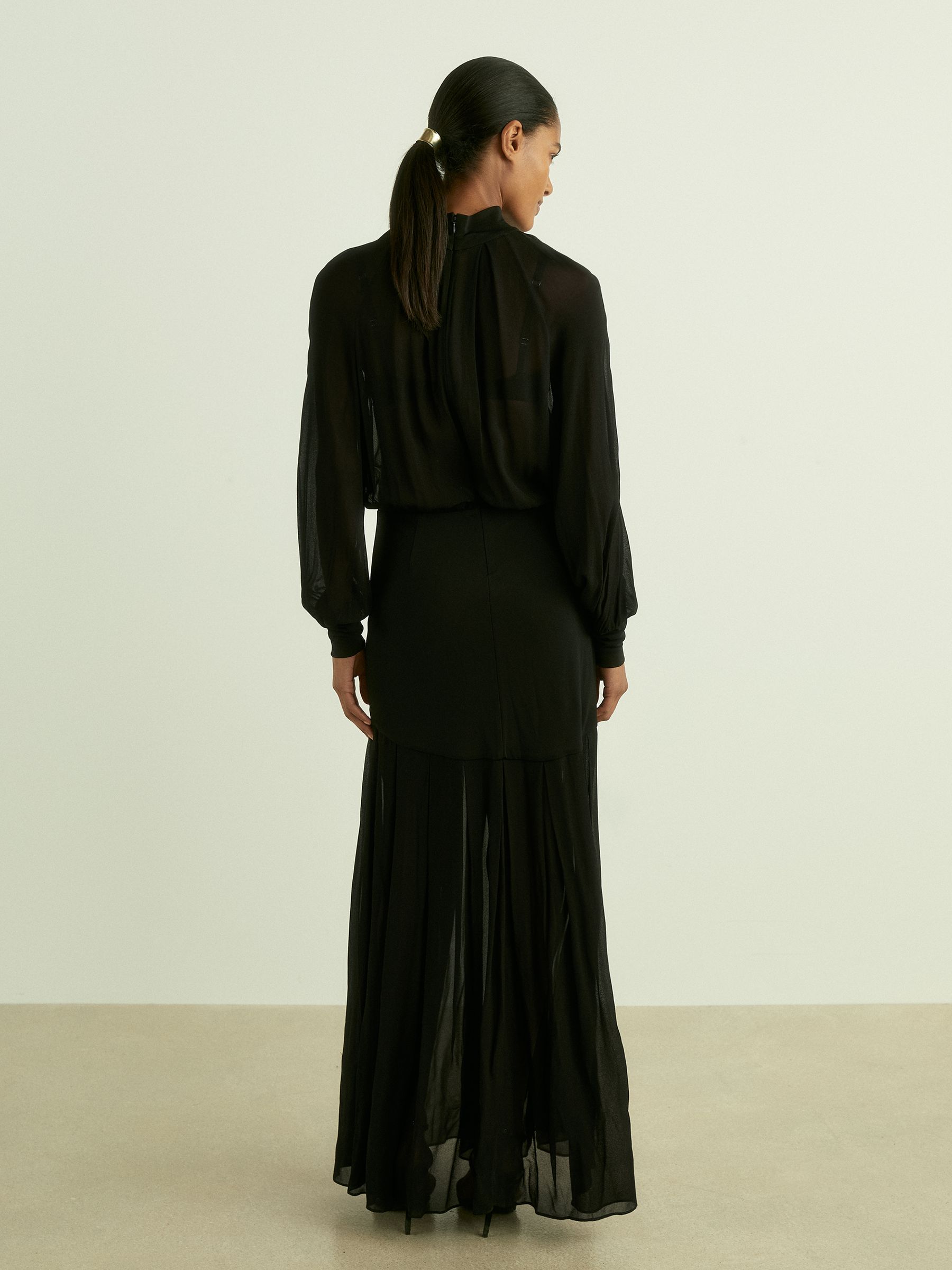 Sheer Jersey Gathered Maxi Dress in Black