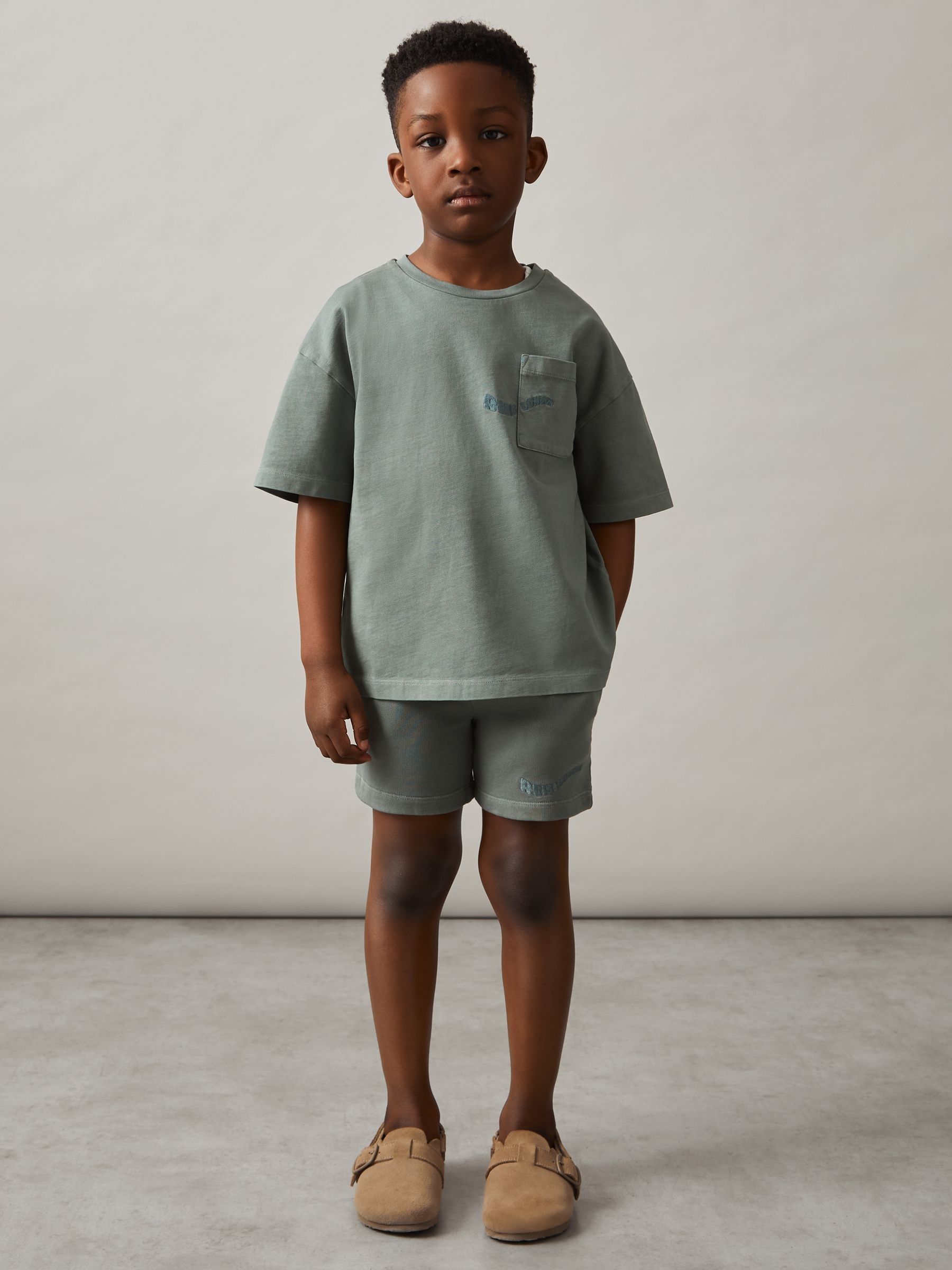 9-13 yrs Cotton Brand-Embroidered Shorts in Washed Sage