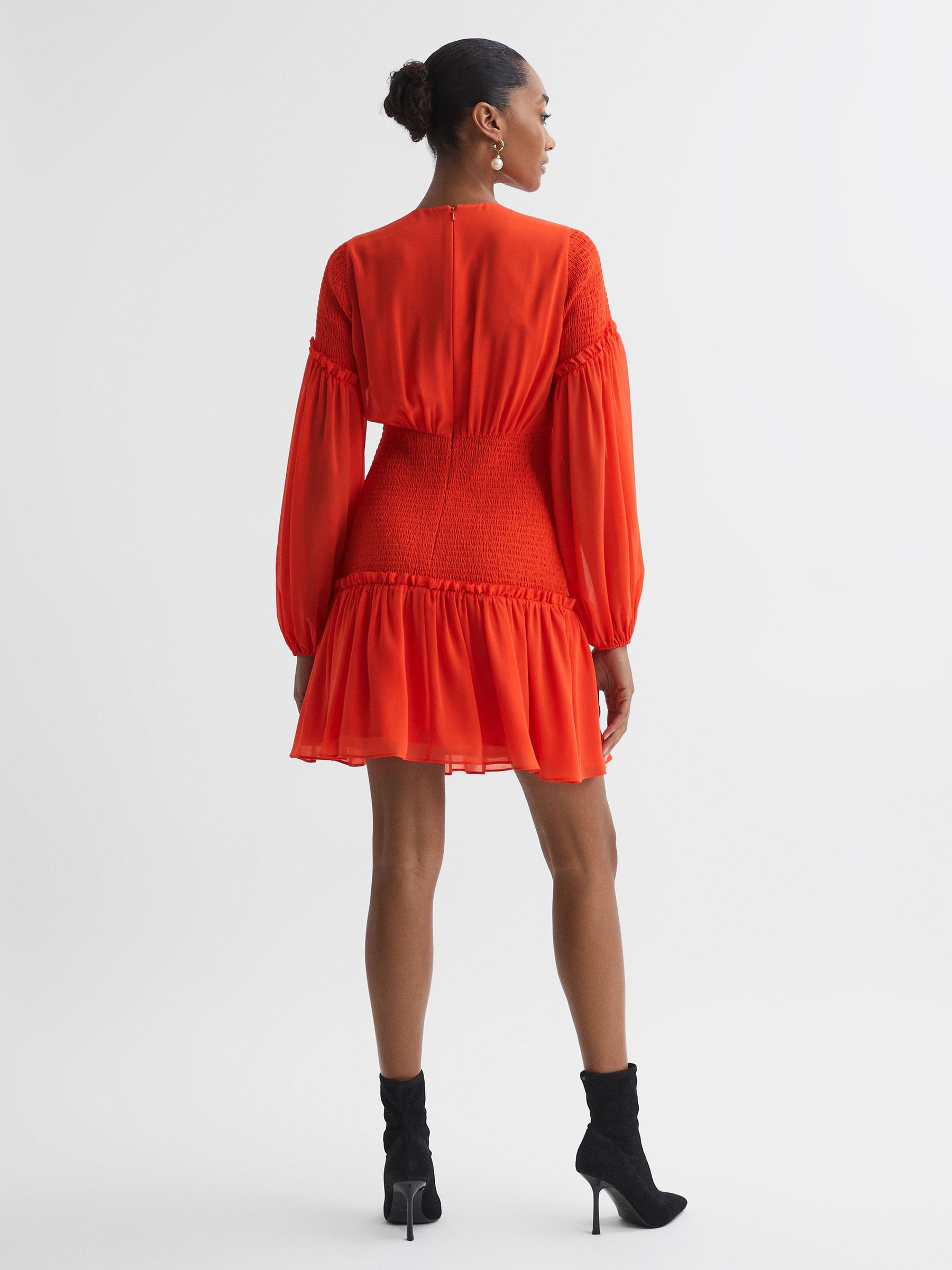 Florere Round Neck Shirred Mini Dress in Bright Orange