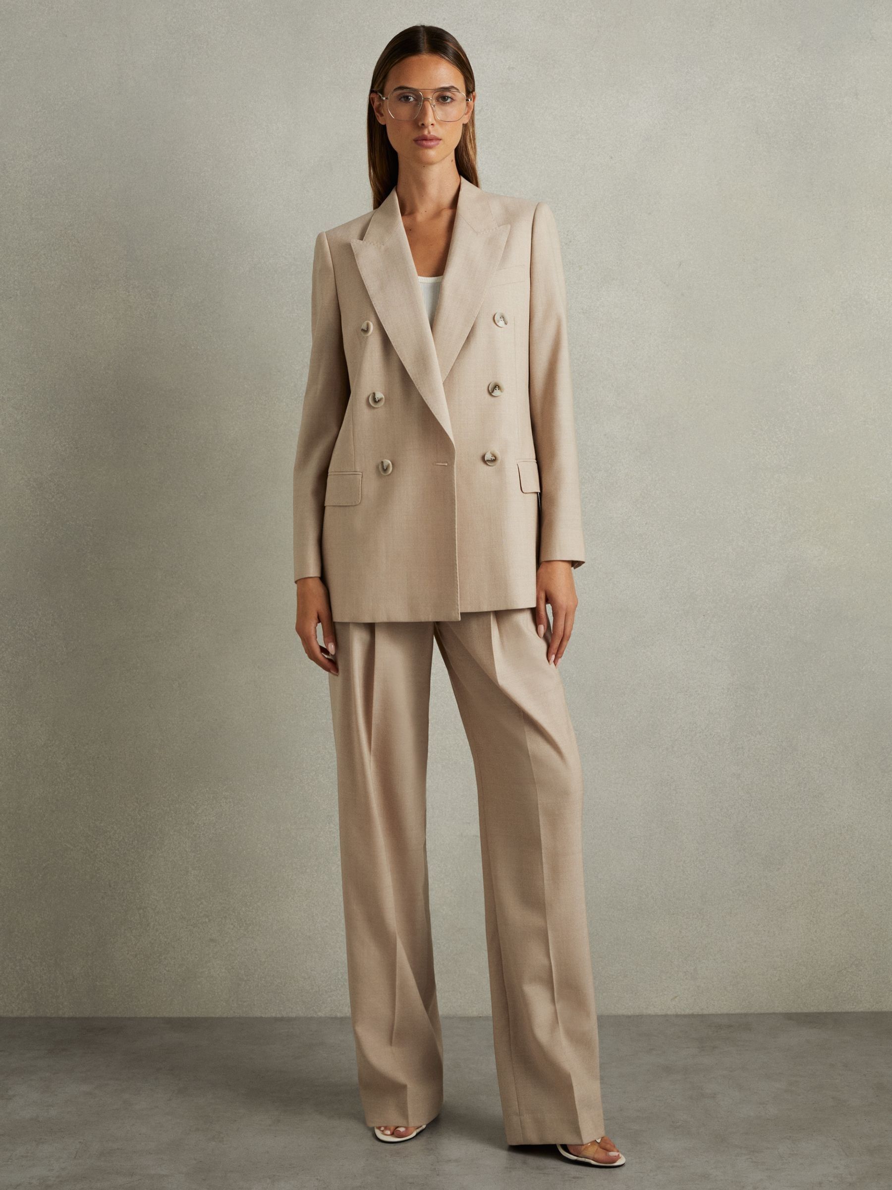 Wool Double Breasted Suit Blazer in Neutral