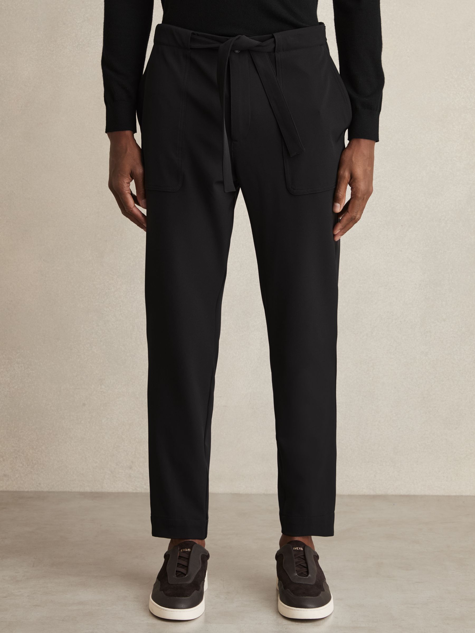 Belted Technical Tapered Trousers in Black
