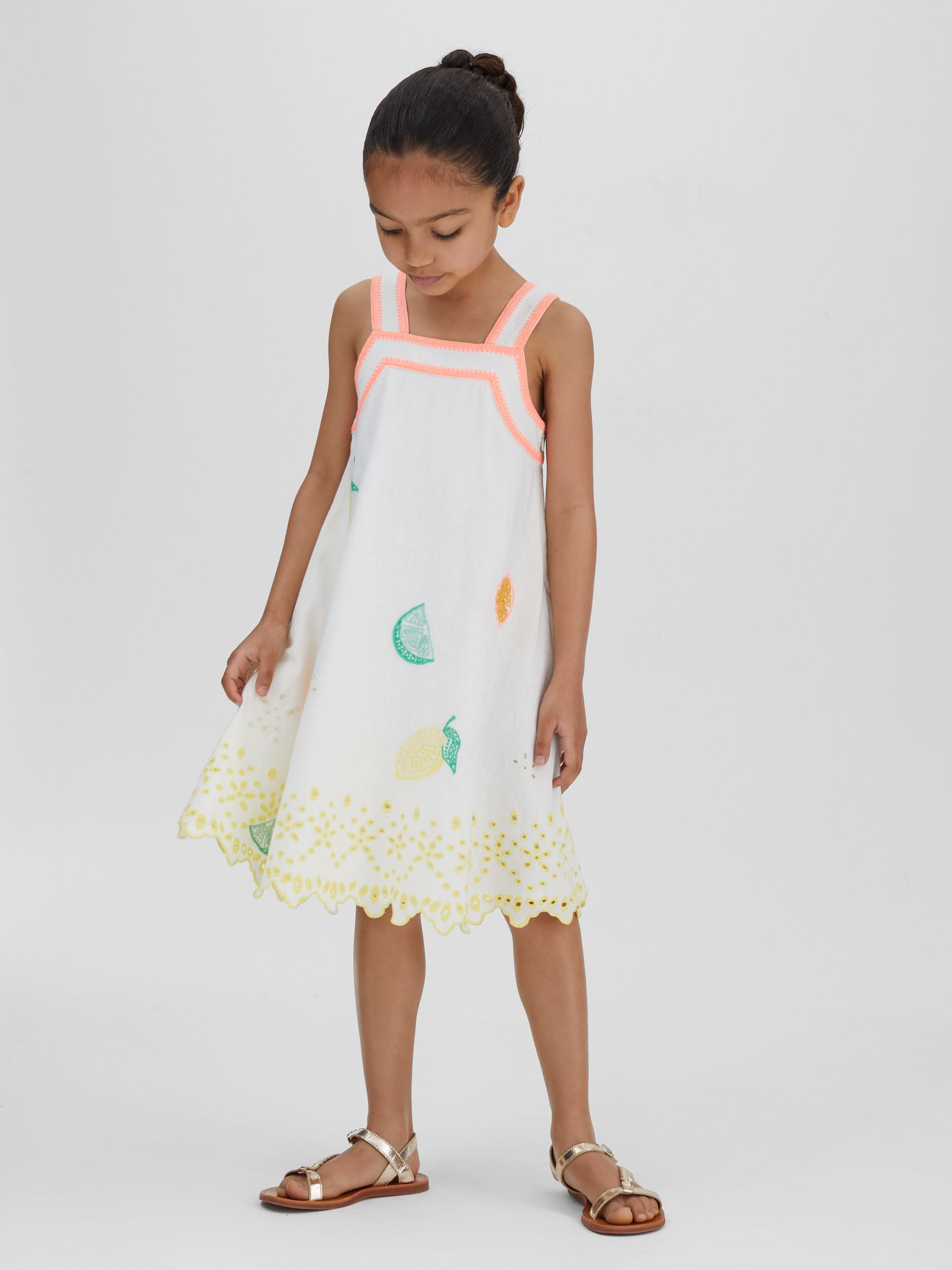 13-14 yrs Cotton-Linen Broderie Dress in Ivory Print