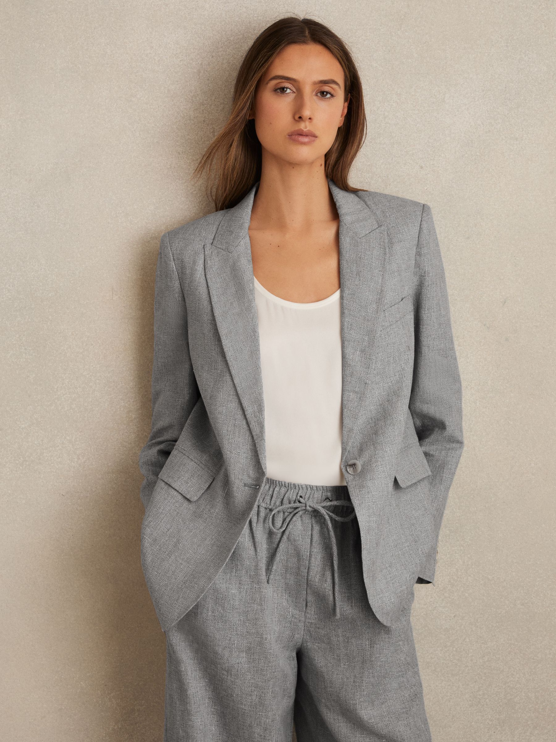 Petite Linen-Blend Single-Breasted Blazer in Blue