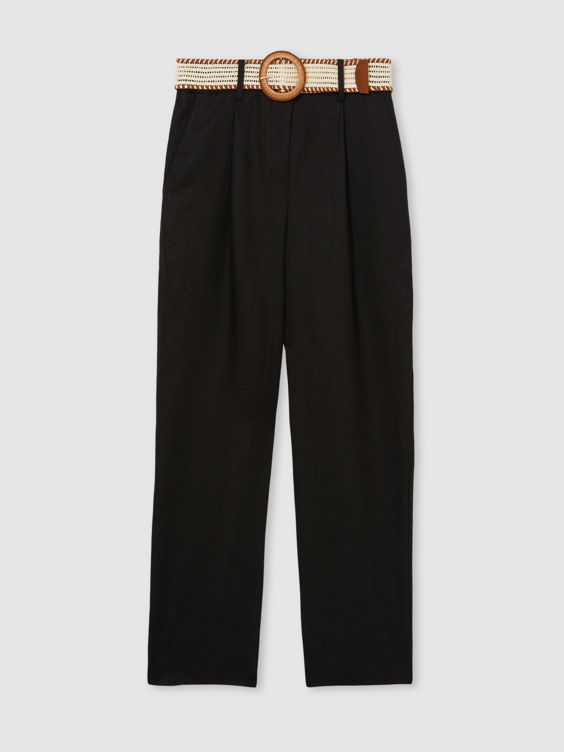Linen Belted Tapered Trousers in Black