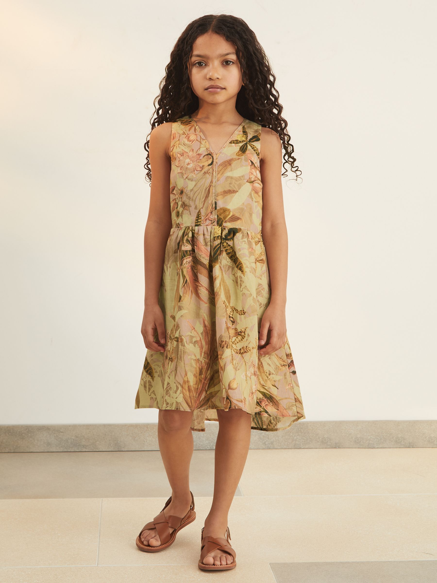 13-14 yrs Reiss | NYBG Floral-Print Midi Dress in Khaki
