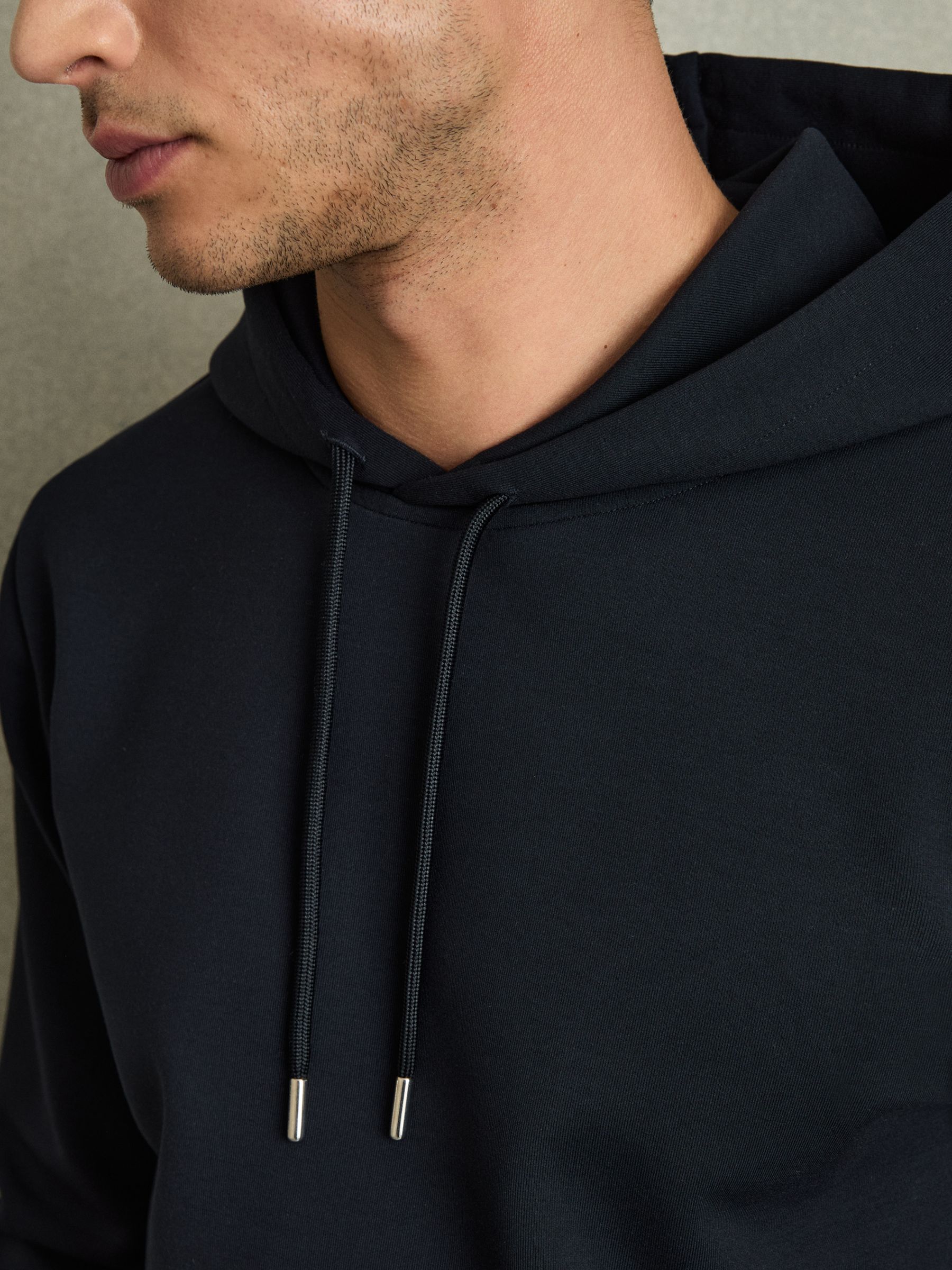 Interlock Jersey Drawstring Hoodie in Navy Blue