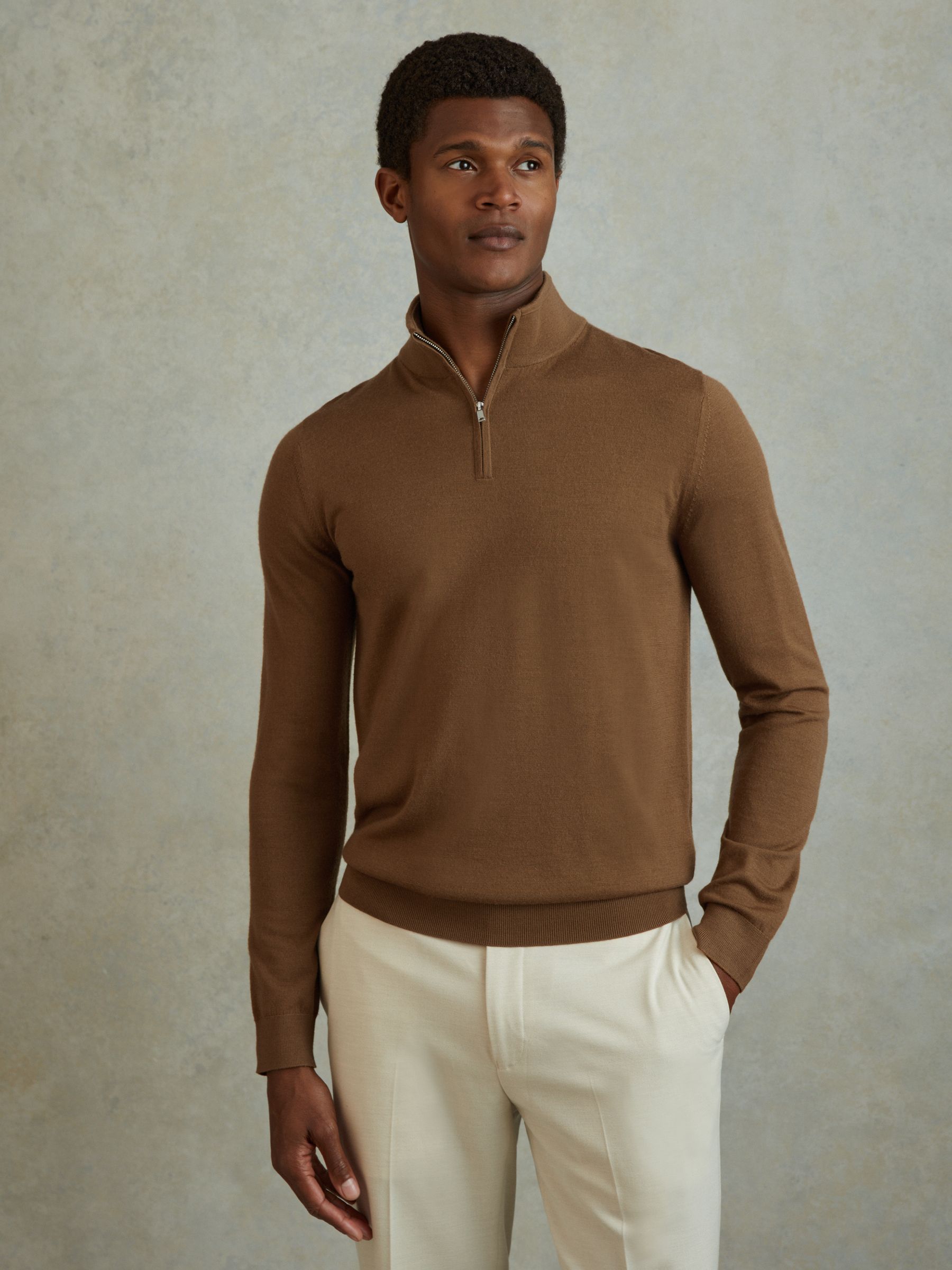 Merino Wool Half-Zip Funnel Neck Jumper in Tobacco Brown