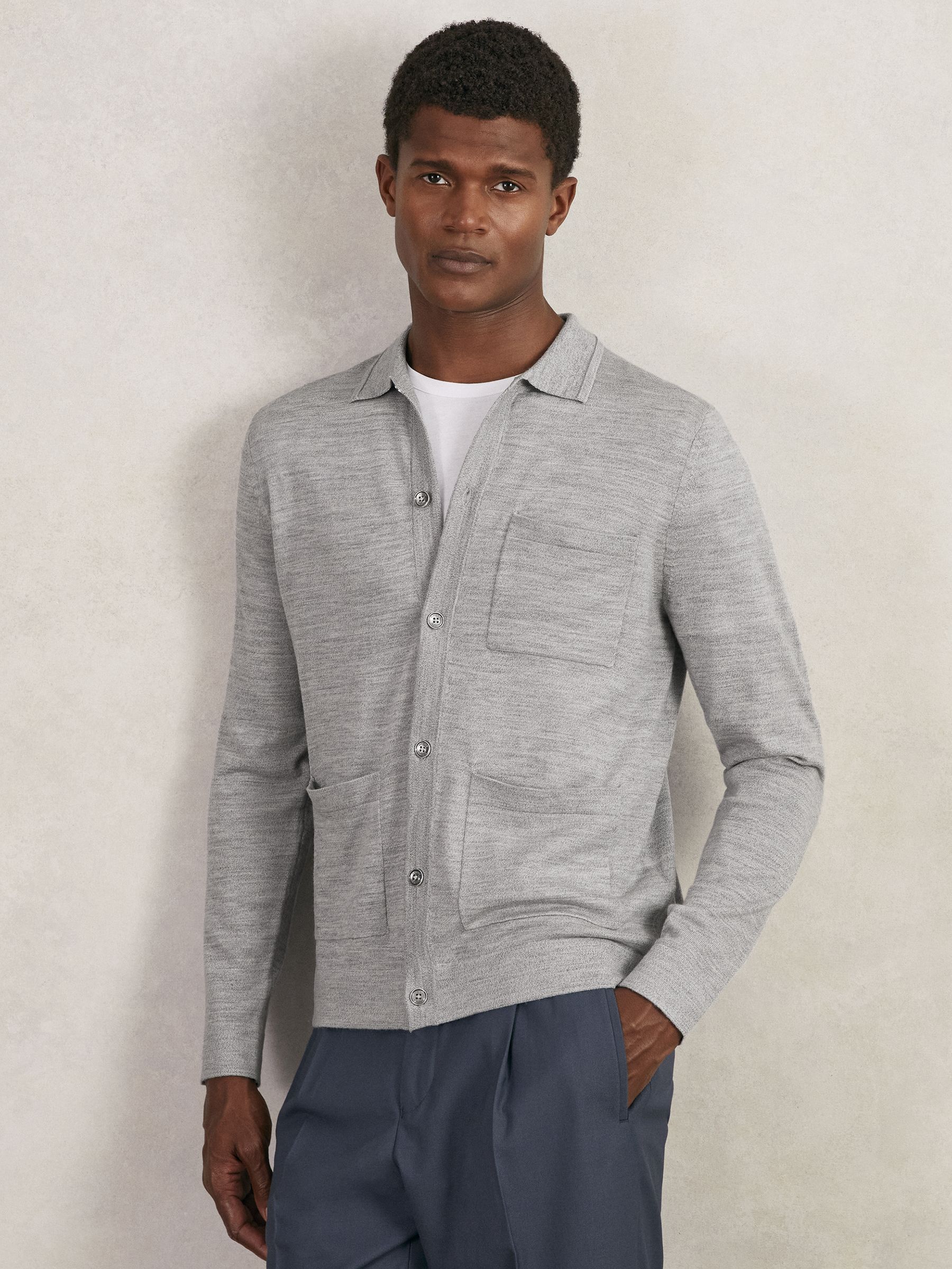 Merino Wool Button-Through Shirt in Soft Grey Mouline